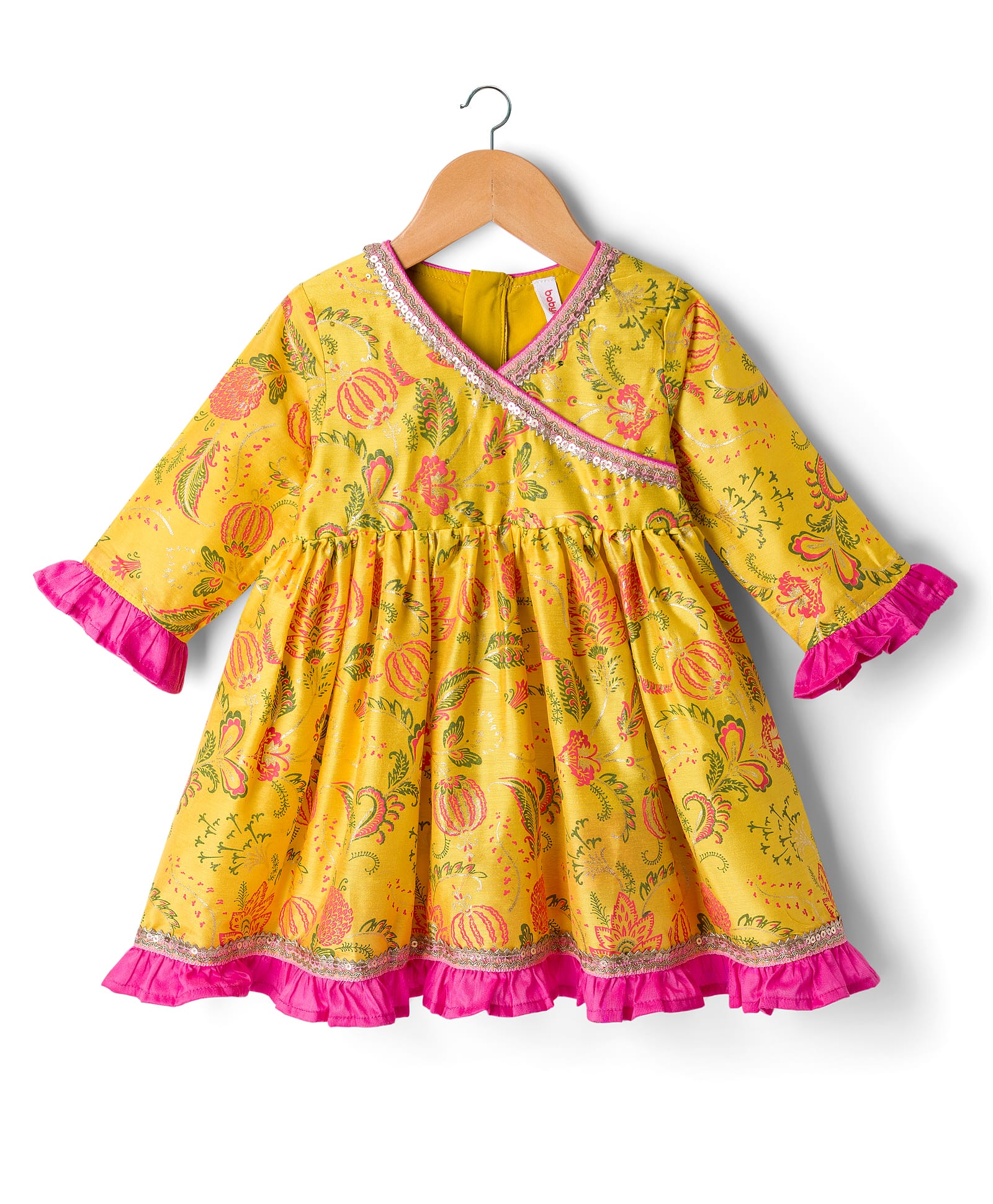 Babyhug Cambric Woven Three Fourth Sleeves Ethnic Dress With Floral Print &With Embroidery Yoke - Yellow-image-41