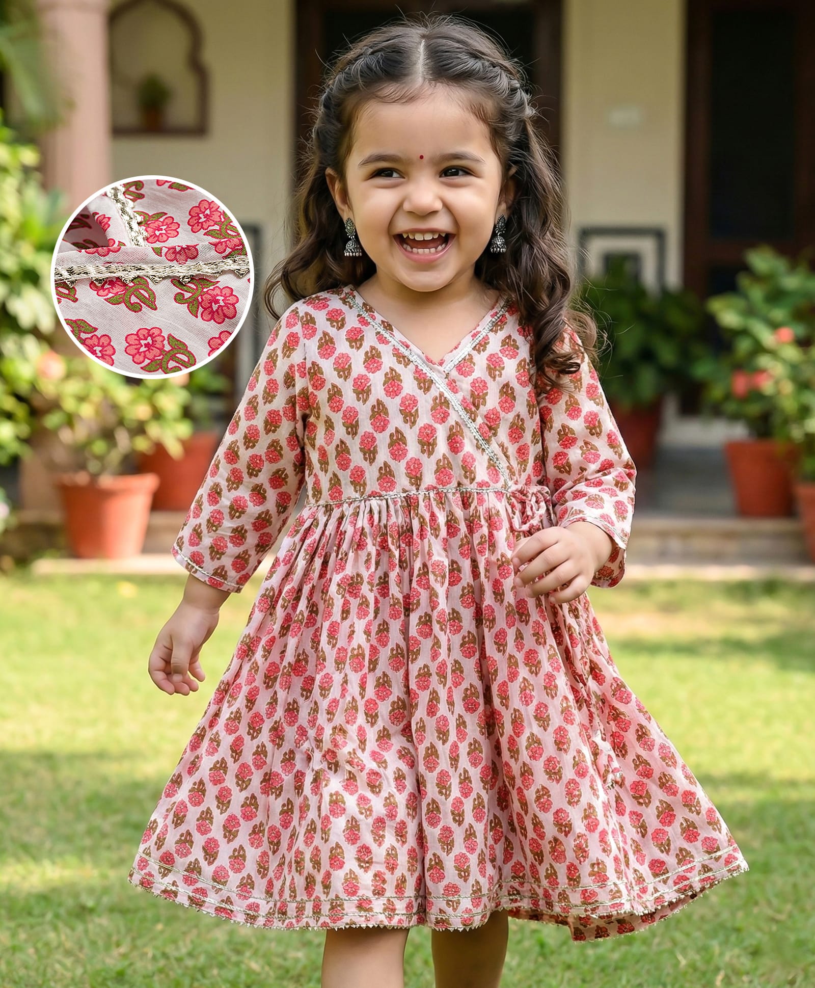Babyhug Cambric Woven Three Fourth Sleeves Ethnic Dress With Floral Print - Off White-image-35