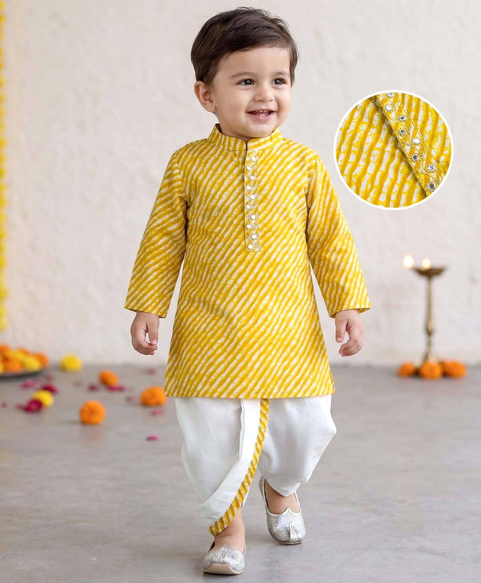 Babyhug Cambric Woven Full Sleeves Striped Kurta Dhoti Set - Yellow-image-11