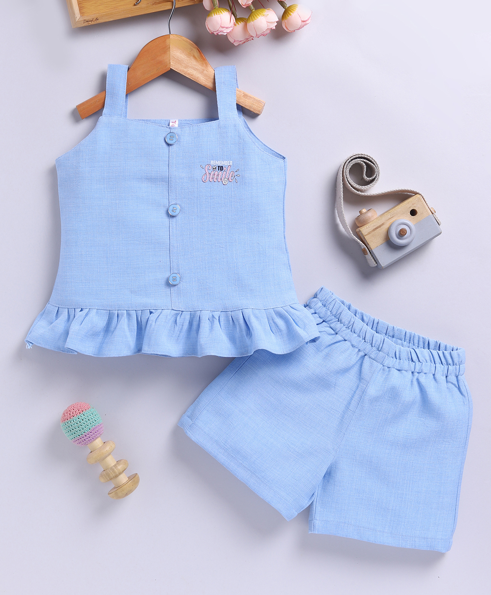TOONYPORT Cotton Knit Sleeveless Remember To Smile Text Printed Top & Shorts Set - Blue