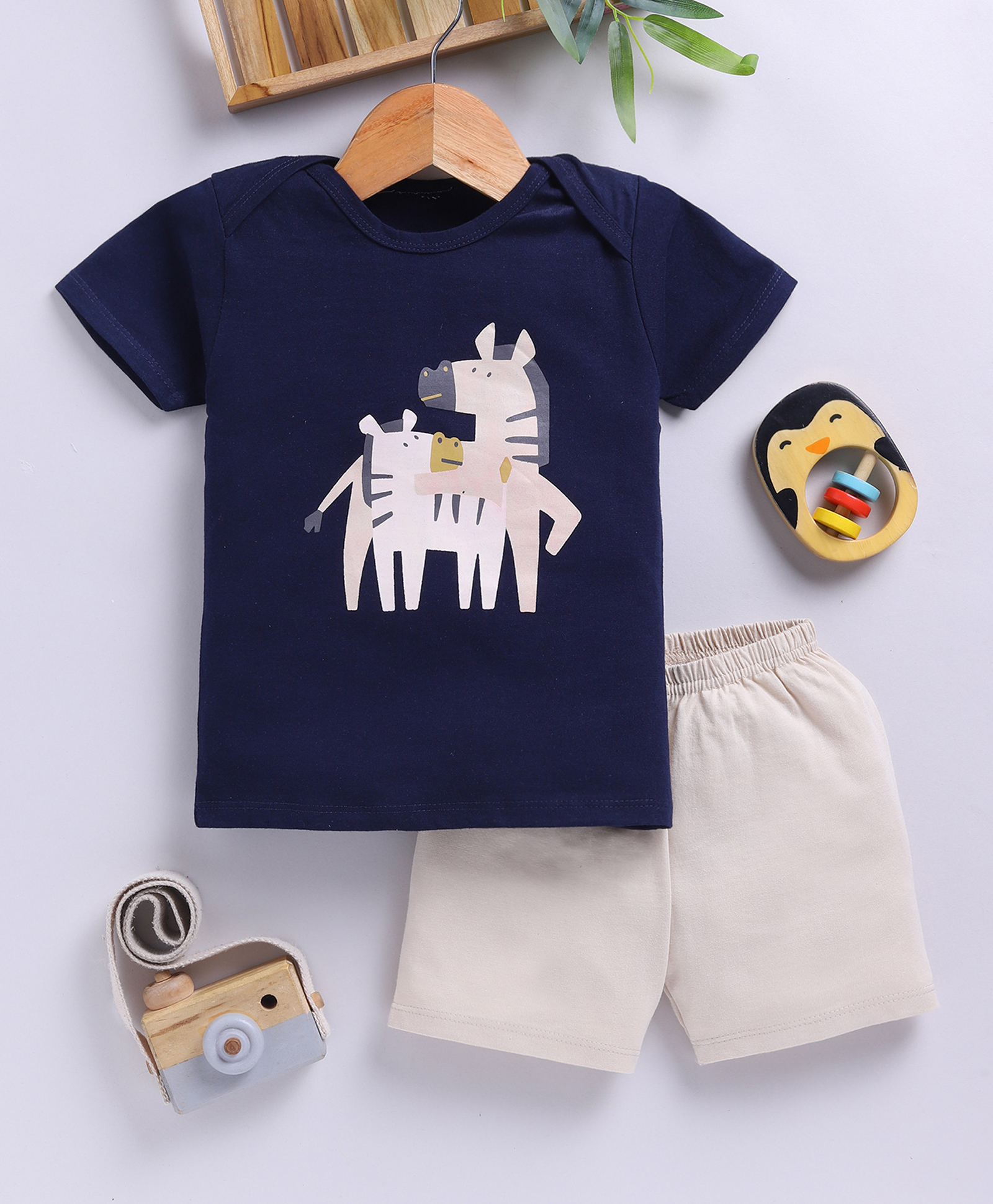 TOONYPORT Cotton Knit Half Sleeves Zebras Printed Tee & Shorts Set - Navy Blue-image-35