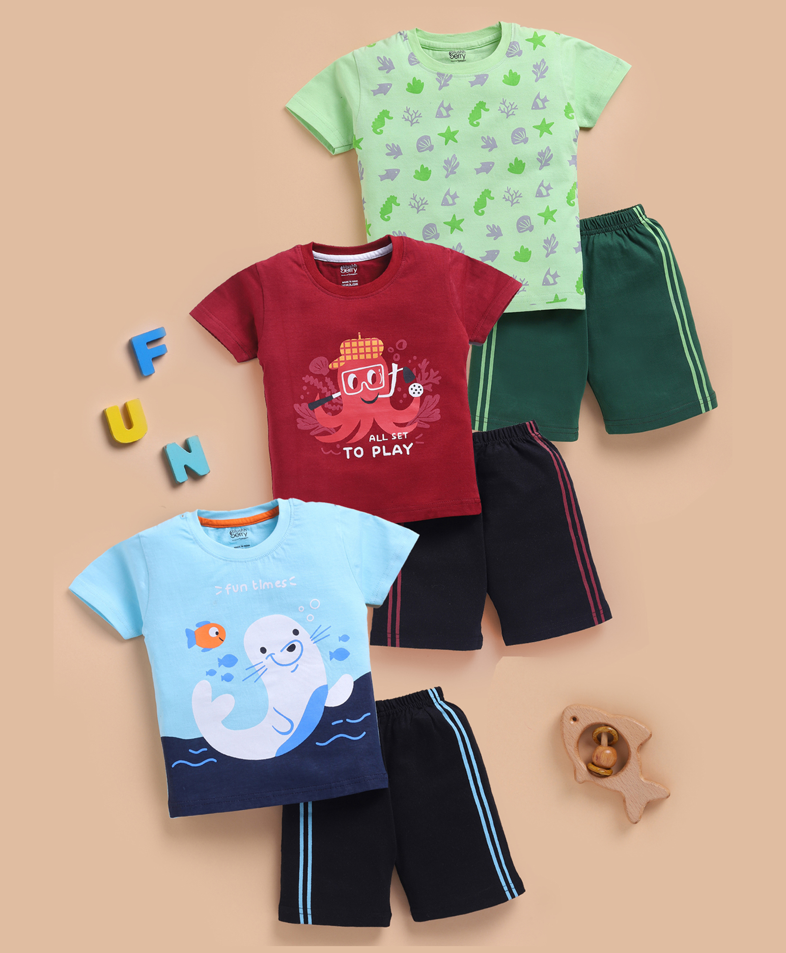 blushh berry Cotton Knit Pack Of 3 Half Sleeves Sea Life and All Set To Play Text Printed Tees With Shorts Set - Green Maroon & Blue-picture-14
