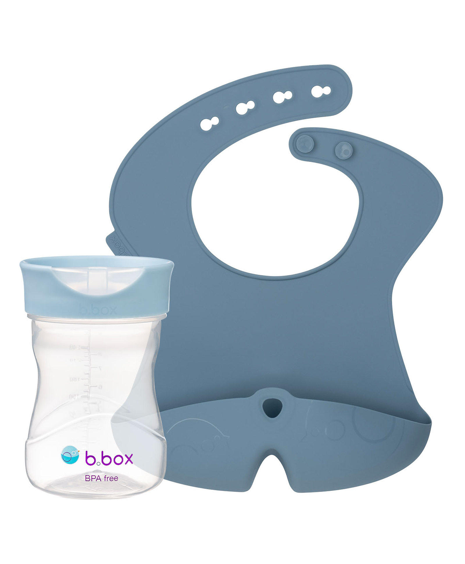 b.box Training Cup + Silicone Bib Combo | Blue | Easy-Grip Cup & Roll-Up Bib with Food Catcher | BPA-Free, Dishwasher Safe | 4m+-image-25