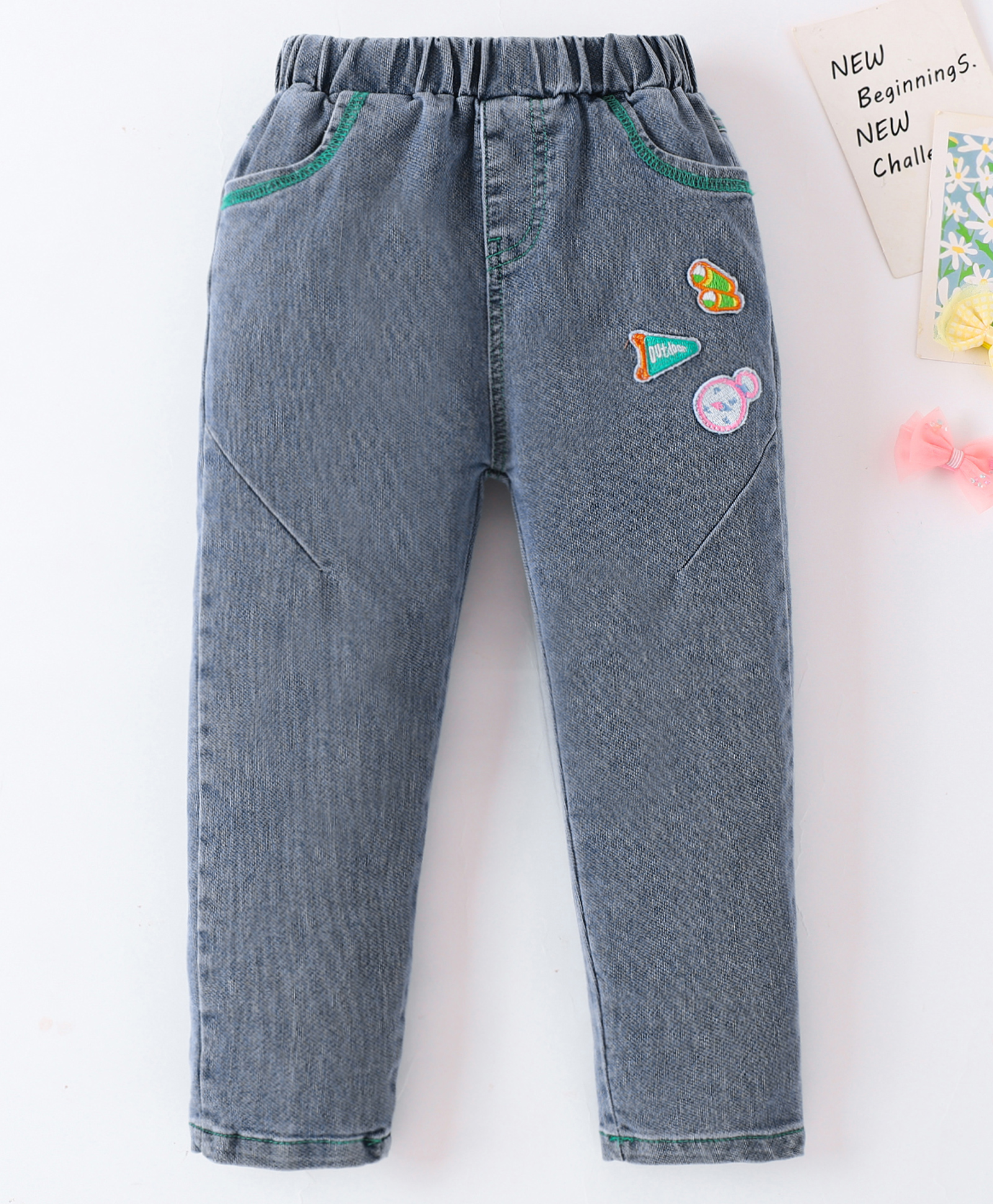 Mark & Mia Full Length Washed Jeans With Text Embriodery - Grey-picture-26