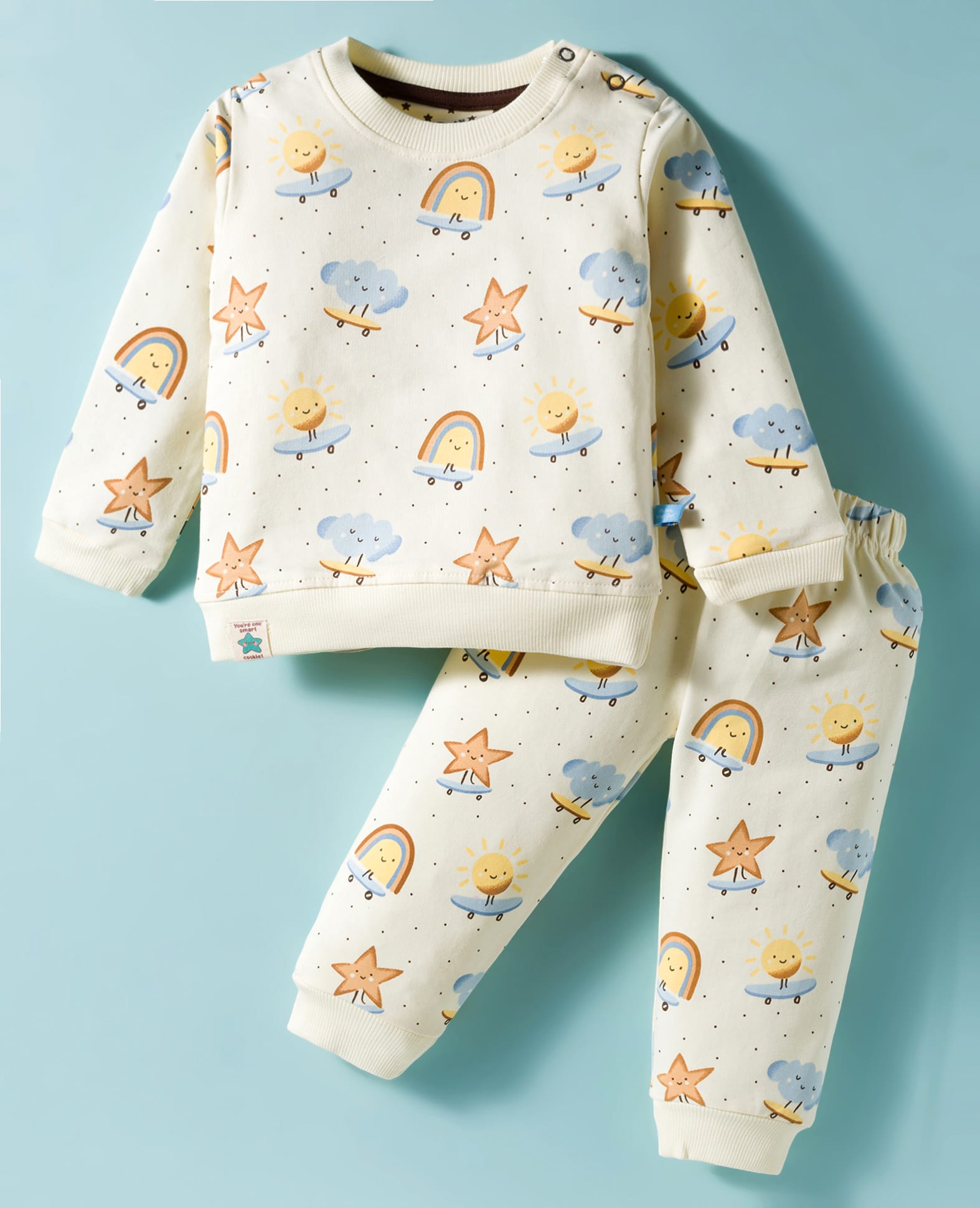 Mini Taurus Interlock Knit Full Sleeves Co-ords Night Suit With Star Print - Cream-picture-6