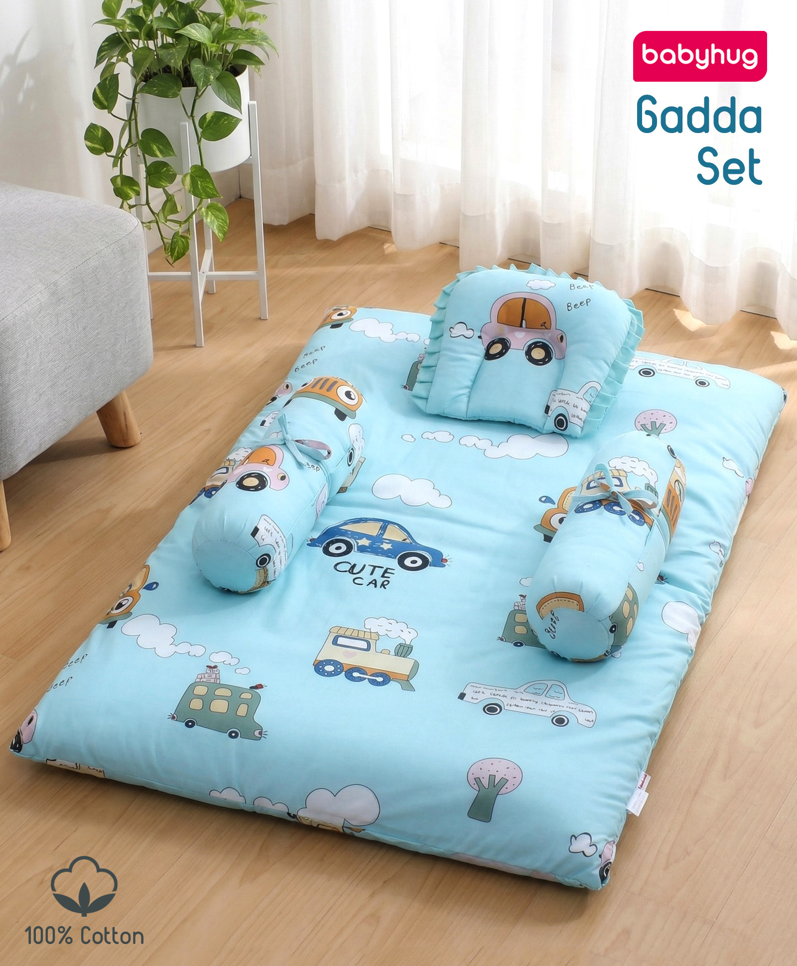 Babyhug 100% Cotton Gadda Bedding Set Cute Car Print - Sea Green| Soft & Breathable Cotton Shell| Mattress with Pillow & 2 Bolsters| Gentle Cushioned Support| Gifting Option for 0to12 Months-picture-25