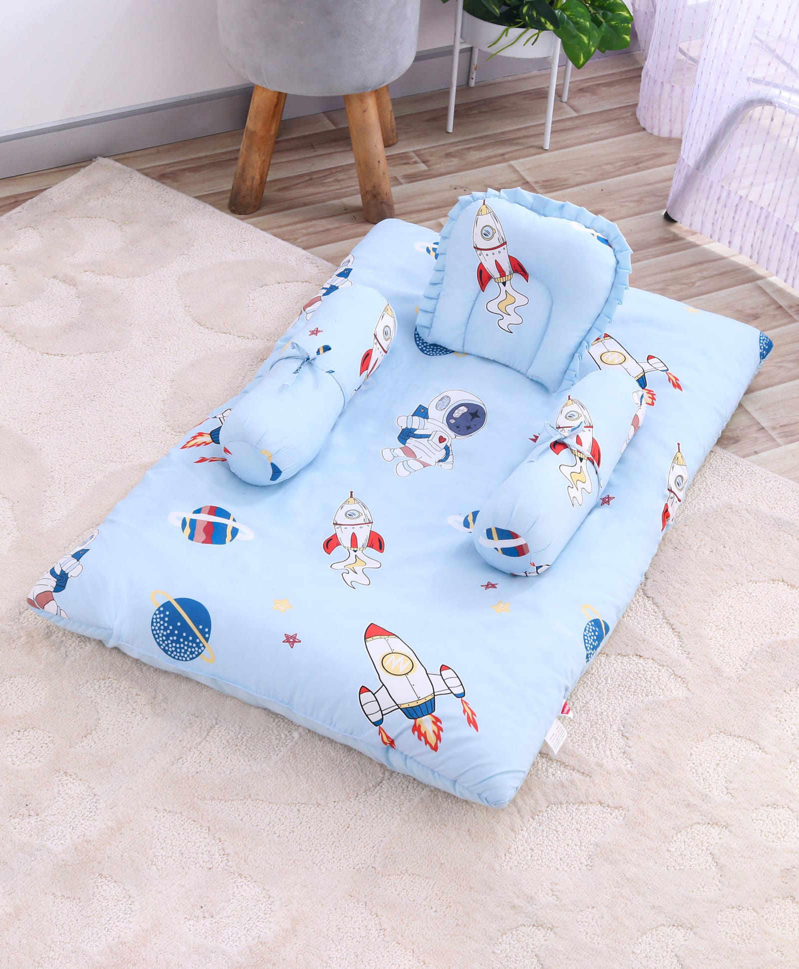 Babyhug 100% Cotton Gadda Bedding Set Space Bear Adventure Print - Blue| Soft & Breathable Cotton Shell| Mattress with Pillow & 2 Bolsters| Gentle Cushioned Support| Gifting Option for 0to12 Months-image-5
