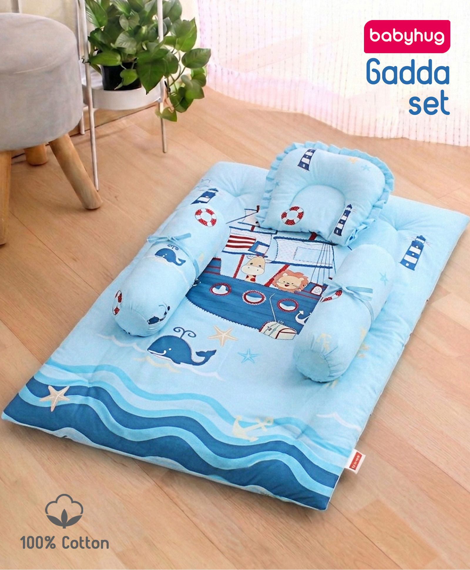 Babyhug 100% Cotton Digital Printed Gadda Bedding Set Sailor Friends Print - Blue|Soft & Breathable Cotton Shell|Mattress Pillow & 2 Bolsters| Gentle Cushioned Support| Gifting Option for 0to12 Months-image-3