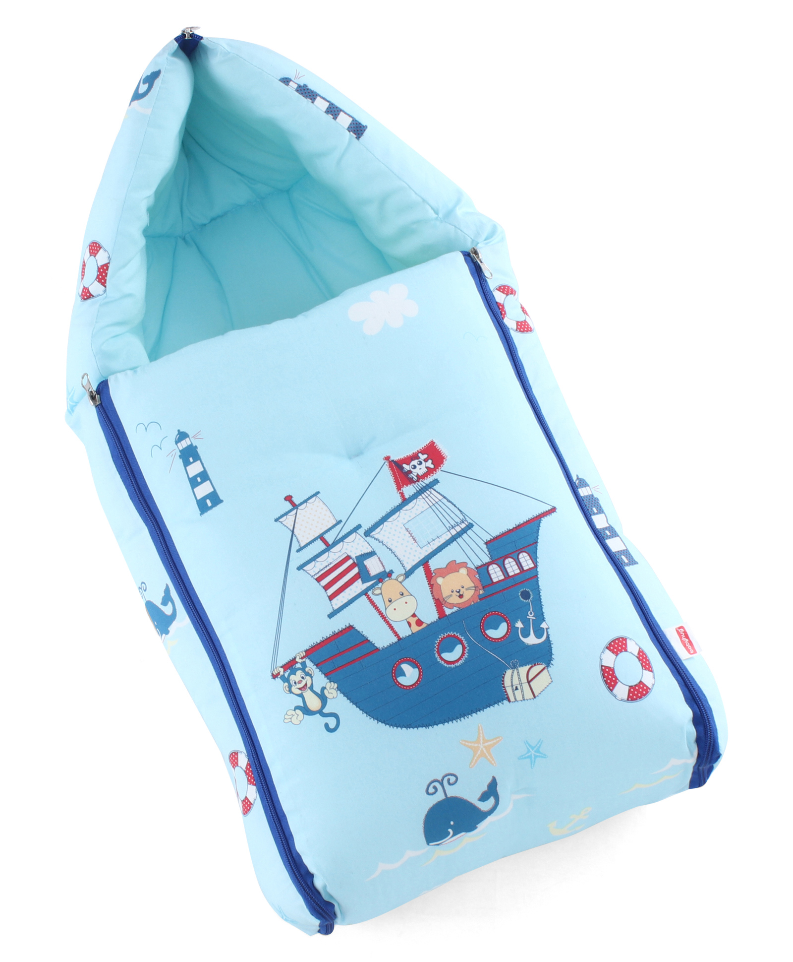 Babyhug 100% Cotton Baby Sleeping Bag with Hood Little Sailor Print - Blue| Use as Carry Nest, Mattress or Sleeping Bag| Newborn to Toddler Boys & Girls| New Born Gifting| Warm and Cozy