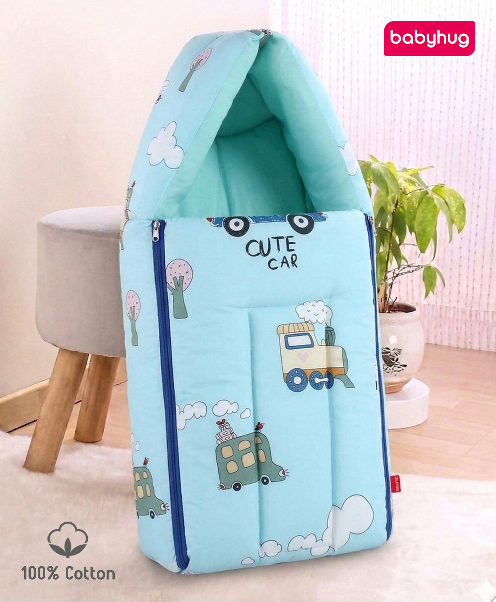 Babyhug 100% Cotton Baby Sleeping Bag with Hood Vehicles Print Sea Green| Use as Carry Nest, Mattress or Sleeping Bag| Newborn to Toddler Boys & Girls-image-17