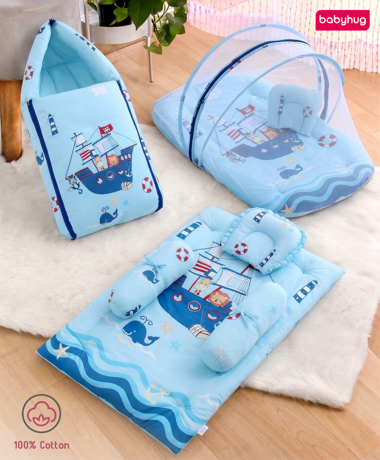 Babyhug Super Saver Bedding Combo Set of 3 Sailor Friends Print - Blue| 100% Cotton| Pillows & Bolsters Included| Lightweight & Travel Friendly| Breathable Fabric| Gifting Option for 0to6 Months-picture-27