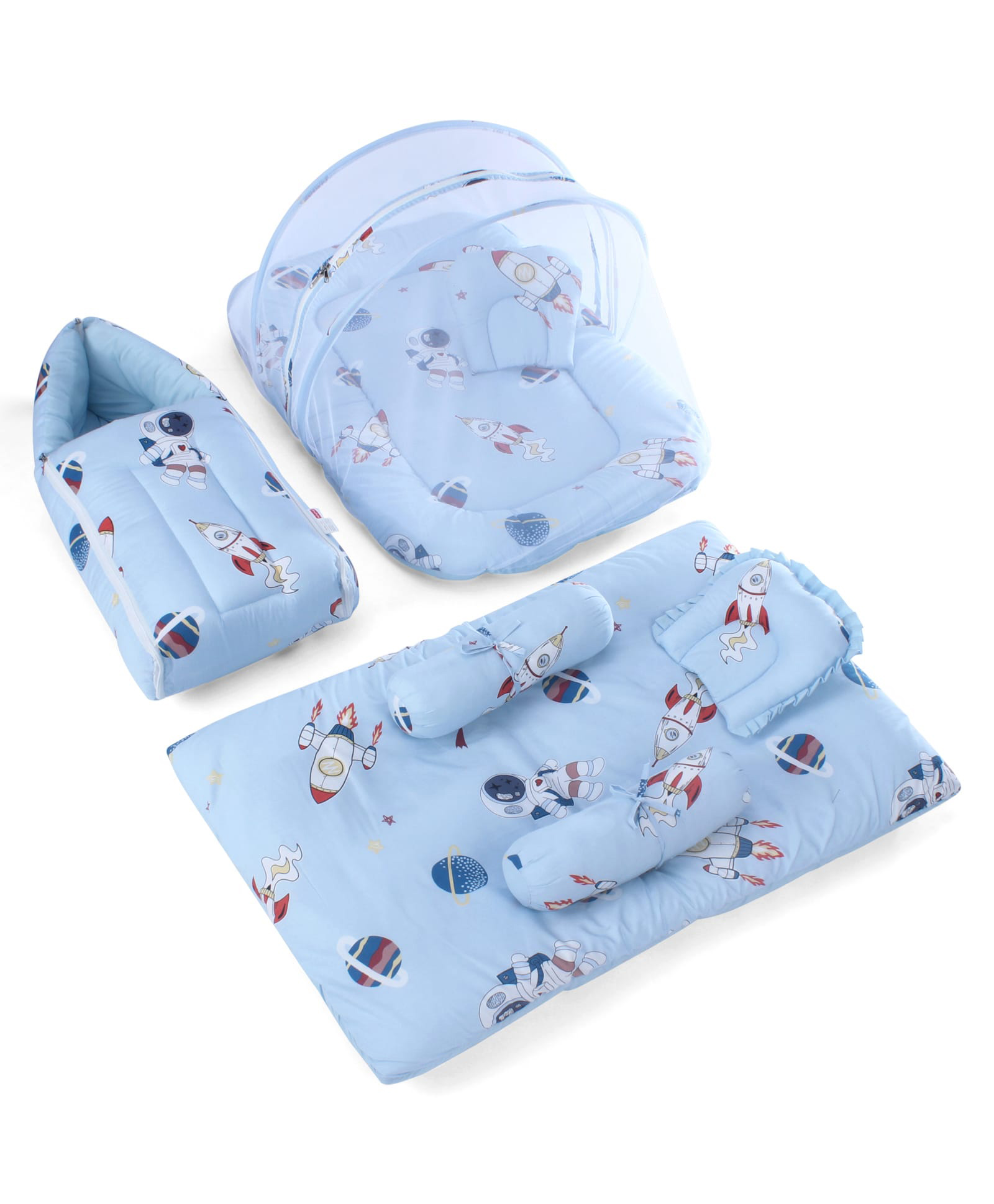 Babyhug Super Saver Bedding Combo Set of 3 Space Bear Adventure Print - Blue| 100% Cotton| Pillows & Bolsters Included| Lightweight & Travel Friendly| Breathable Fabric|Gifting Option for 0to6 Months-image-0