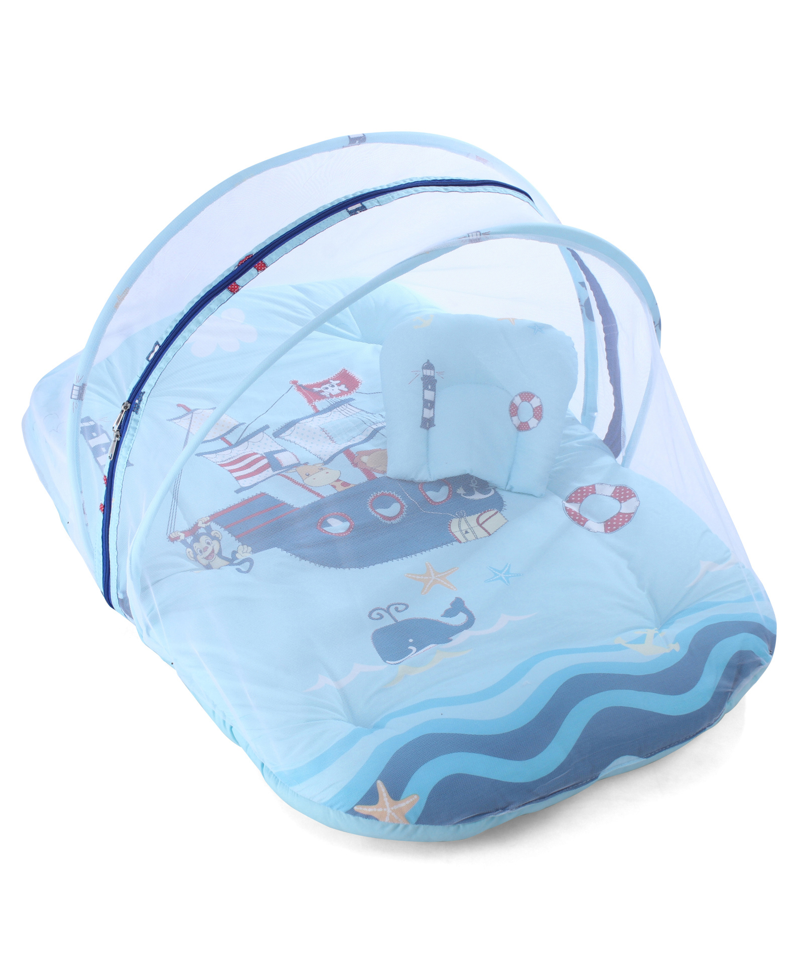 Babyhug 100% Cotton Digital Print Mattress Set with Mosquito Net Sailor Friends -Blue|U Shaped Pillow|Zipper Opening|Foldable & Travel Friendly|Newborn Gifting Option|Use on Floor Cribs Cots or Cradle-image-3