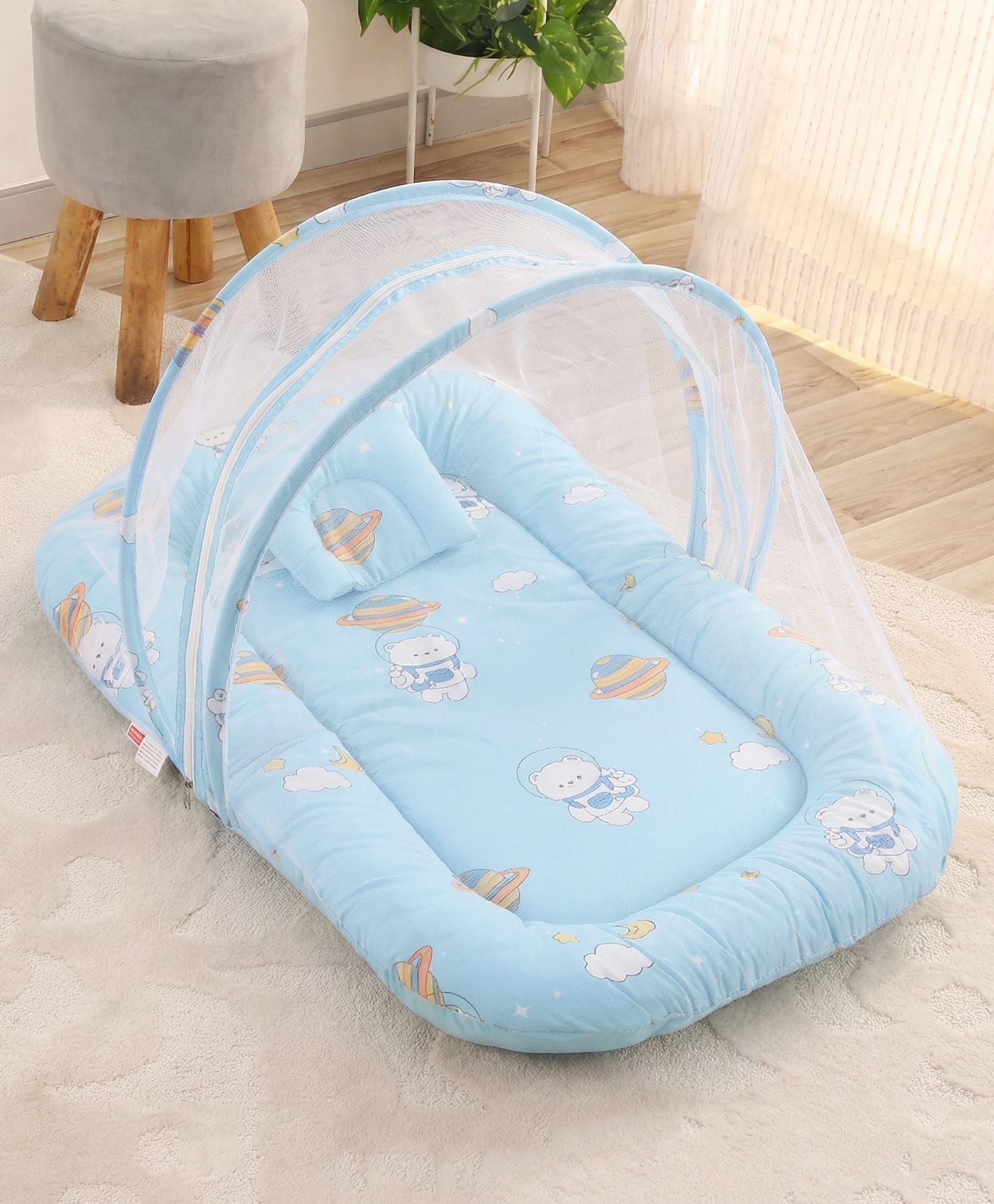 Babyhug 100% Cotton Baby Mattress with Mosquito Net Little Astronaut Print Light Blue|Soft and Comfortable|Easy Access| Foldable & Travel Friendly | Use on Cribs Cots or Cradle-image-0