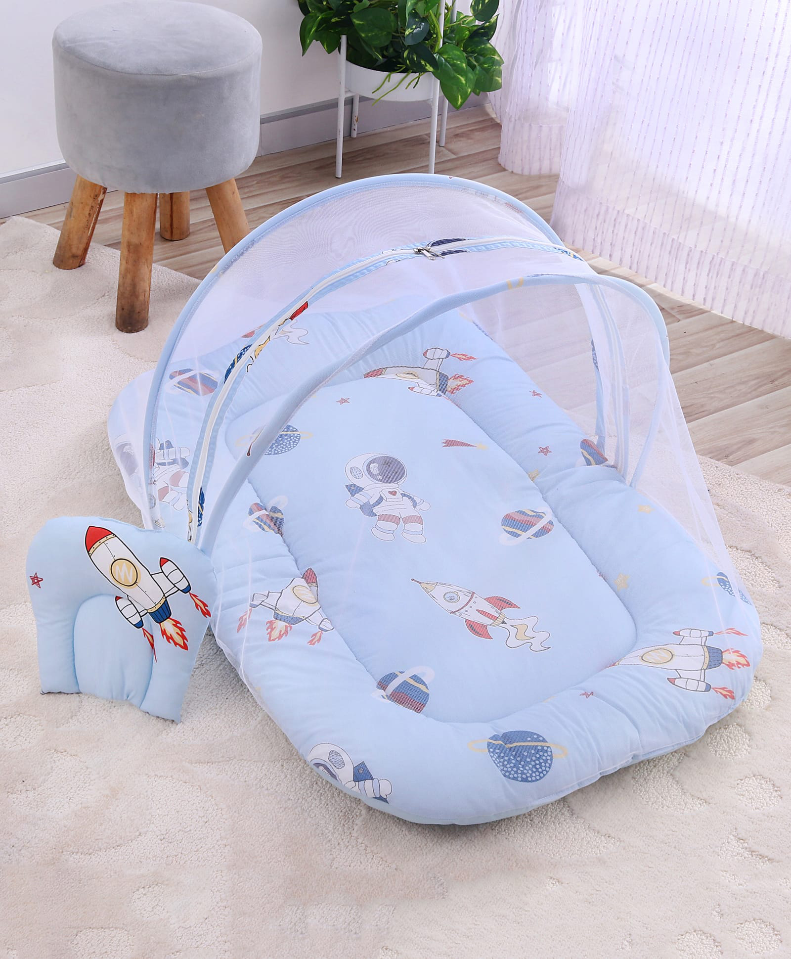 Babyhug 100% Cotton Baby Mattress with Mosquito Net Little Astronaut Print Blue|Soft and Comfortable|Easy Access| Foldable & Travel Friendly|New Born Gifting Option|Use on Cribs Cots or Cradle