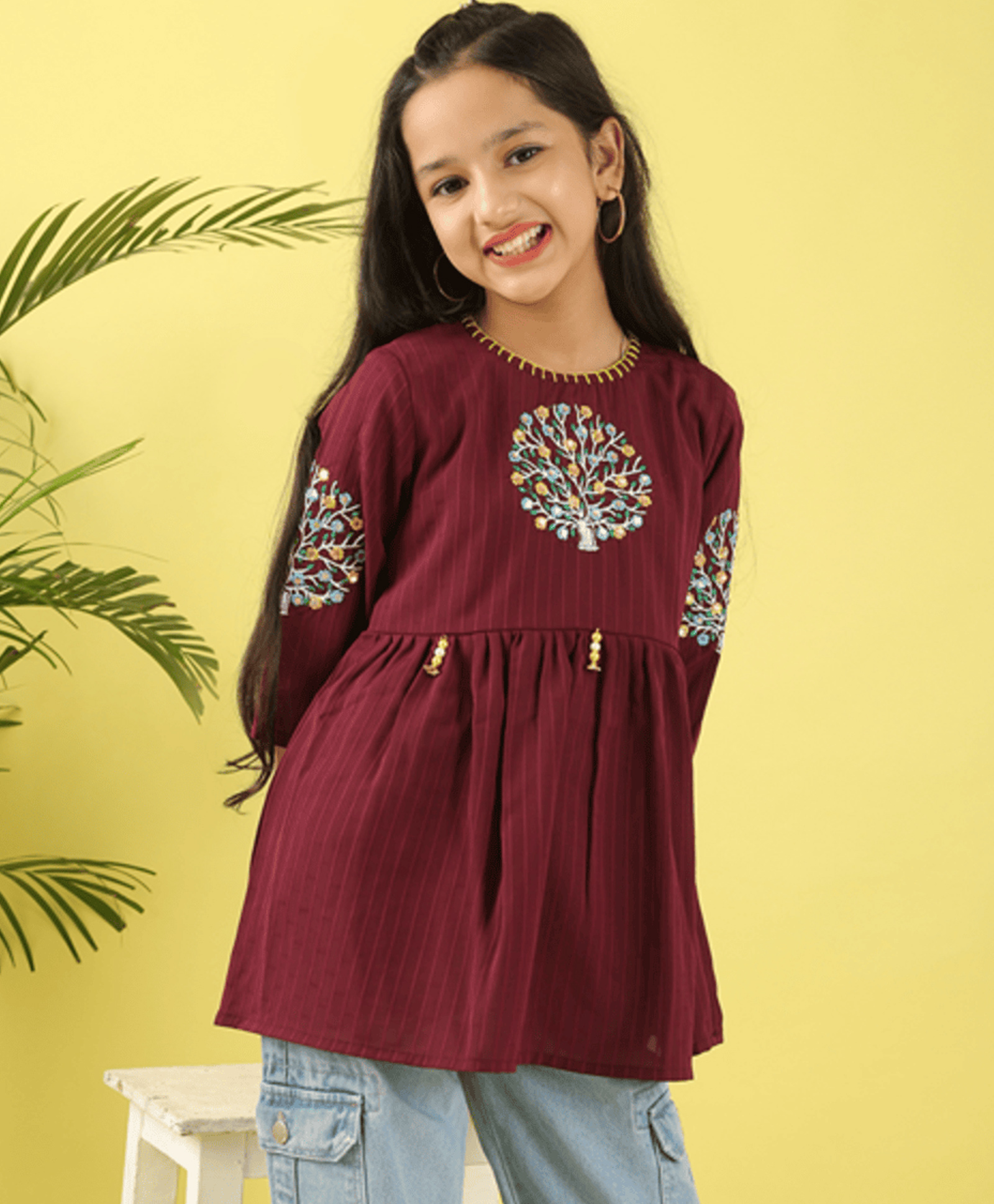 ISHTI Woven Three Fourth Sleeves Striped & Floral Embroidered Peplum Top - Wine-picture-15