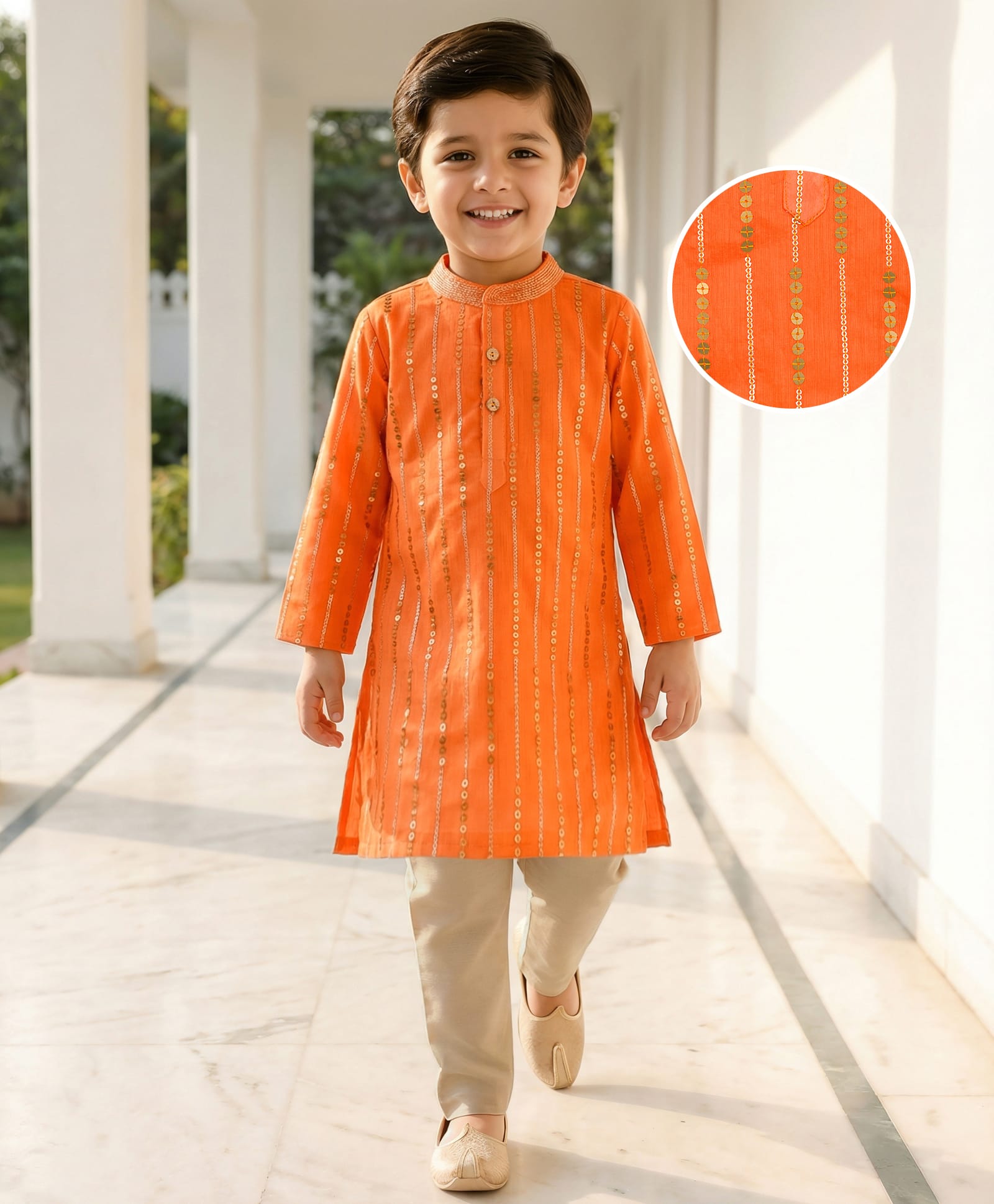 Babyhug Woven Full Sleeves Sequin Embroidered Kurta Pyjama Set - Orange-image-17