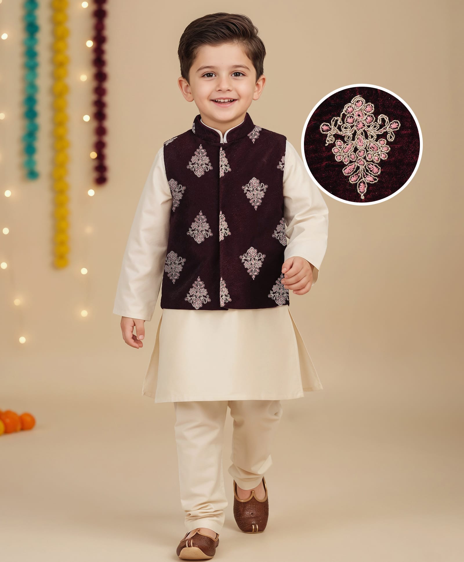 Babyhug Cotton Blend Woven Full Sleeves Kurta Pyjama Set With Floral Embroidered Velvet Nehru Jacket - Beige-image-39