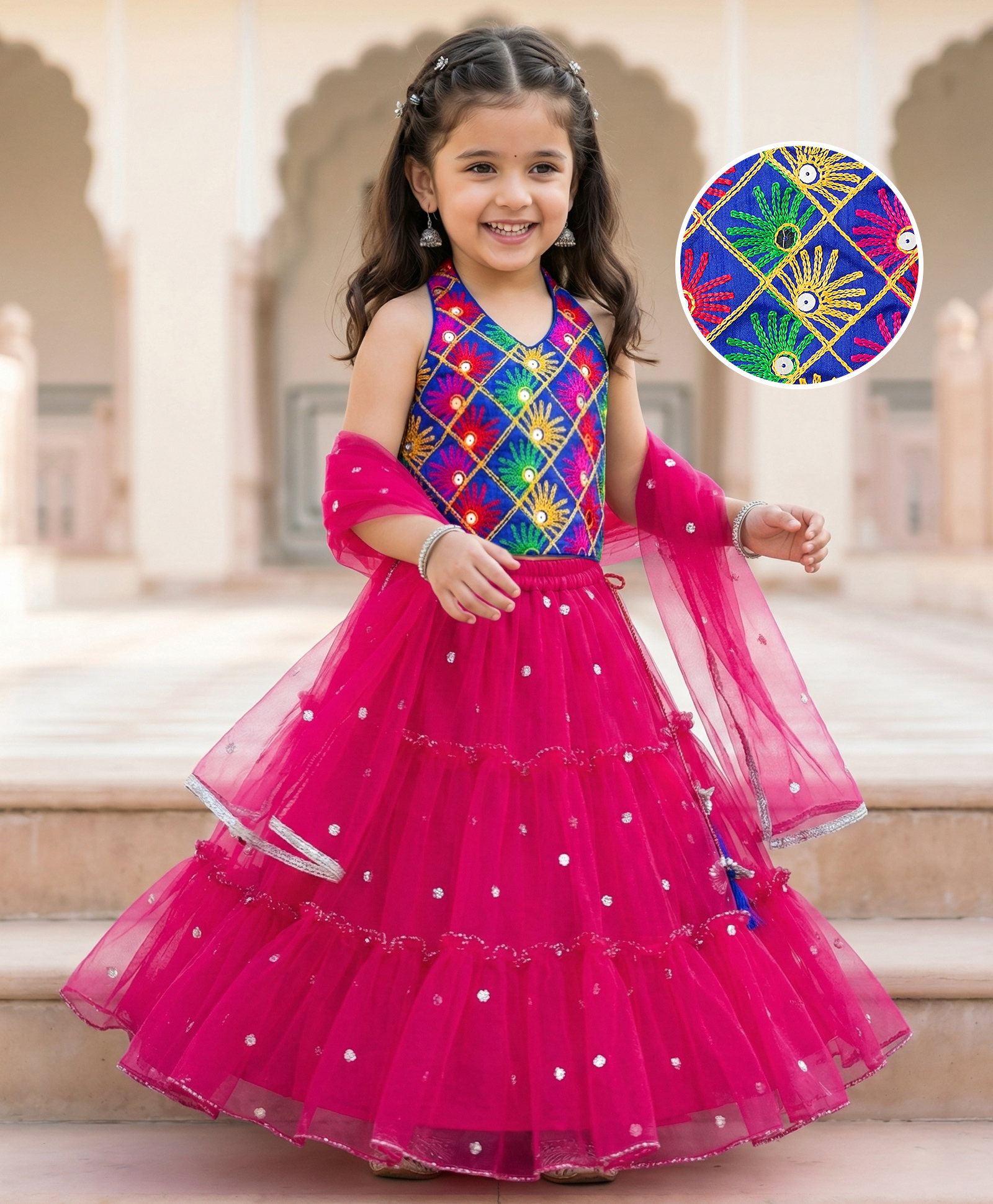 Babyhug Net Woven Sleeveless Halter Neck Embroidered Choli with Shimmer Lehenga & Dupatta Set - Pink & Green-image-2