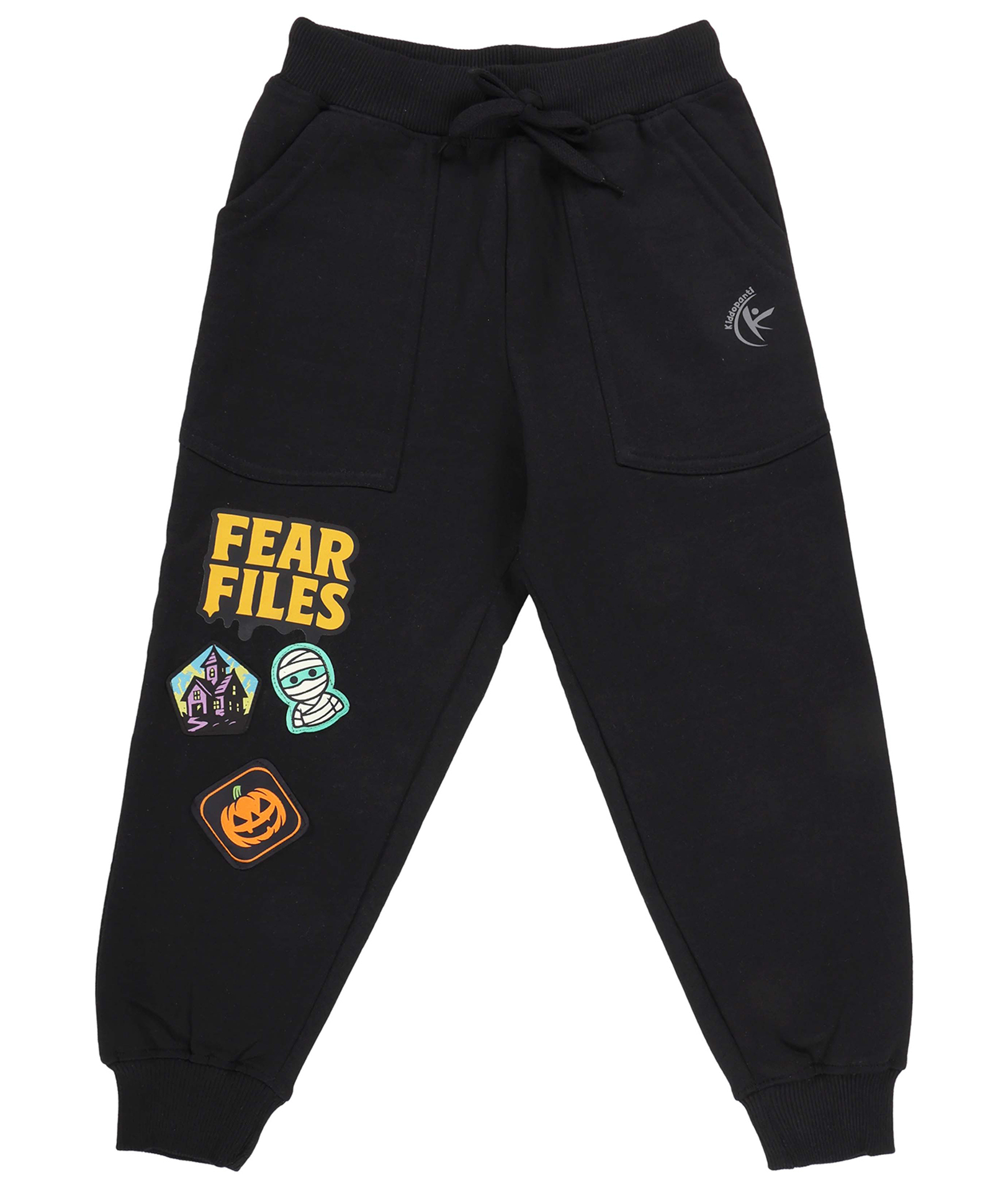 Kiddopanti Fleece Knit Halloween Theme Fear Files Text Printed Track Pants - Black-picture-26