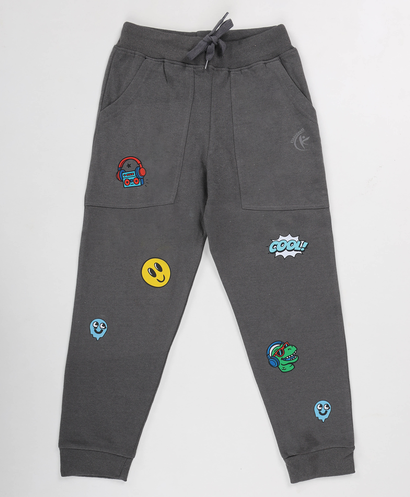 Kiddopanti Fleece Knit DJ Dino & Cool Text Printed Track Pants - Dark Grey-picture-19