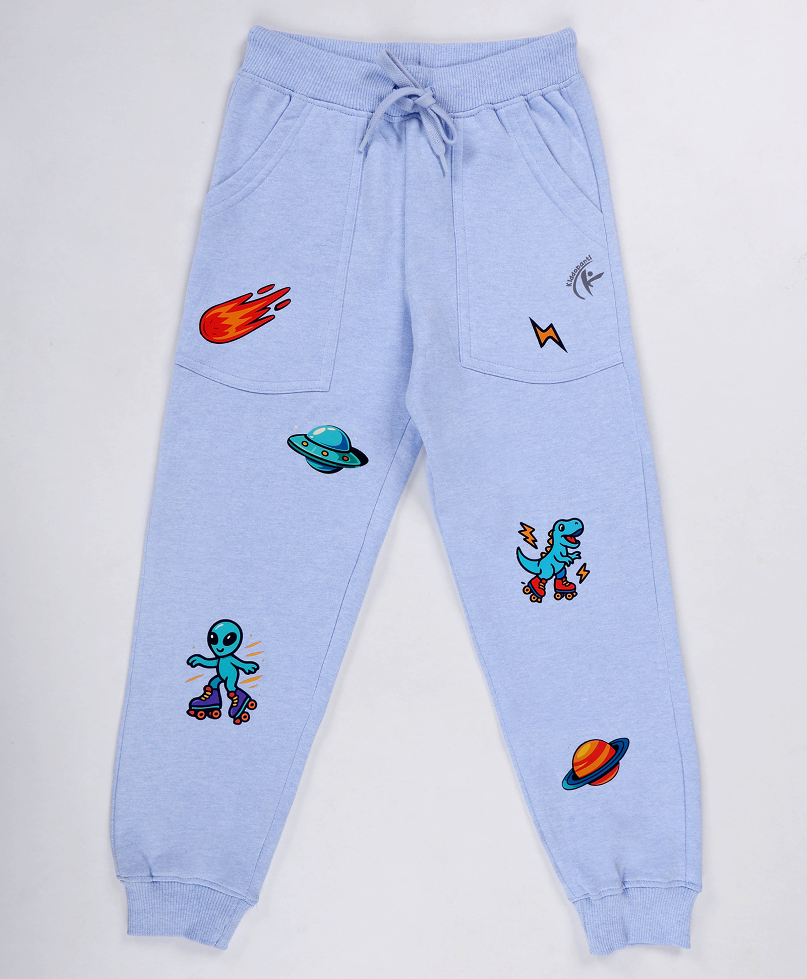 Kiddopanti Fleece Knit Dino On Skates & Space Theme Printed Track Pants - Blue-picture-15