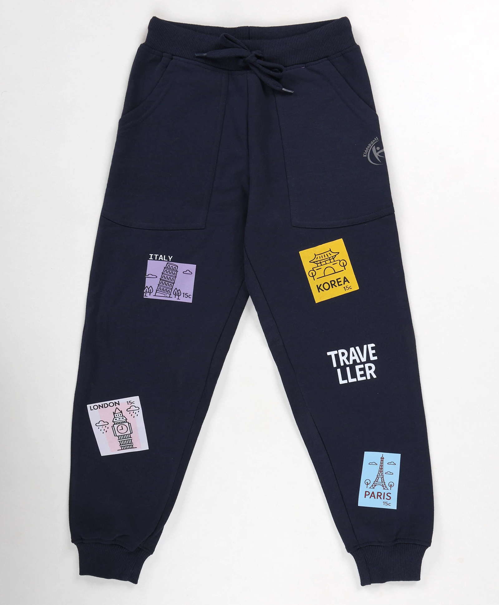Kiddopanti Fleece Knit Traveller Text & Travel Theme Printed Track Pants - Navy-picture-28