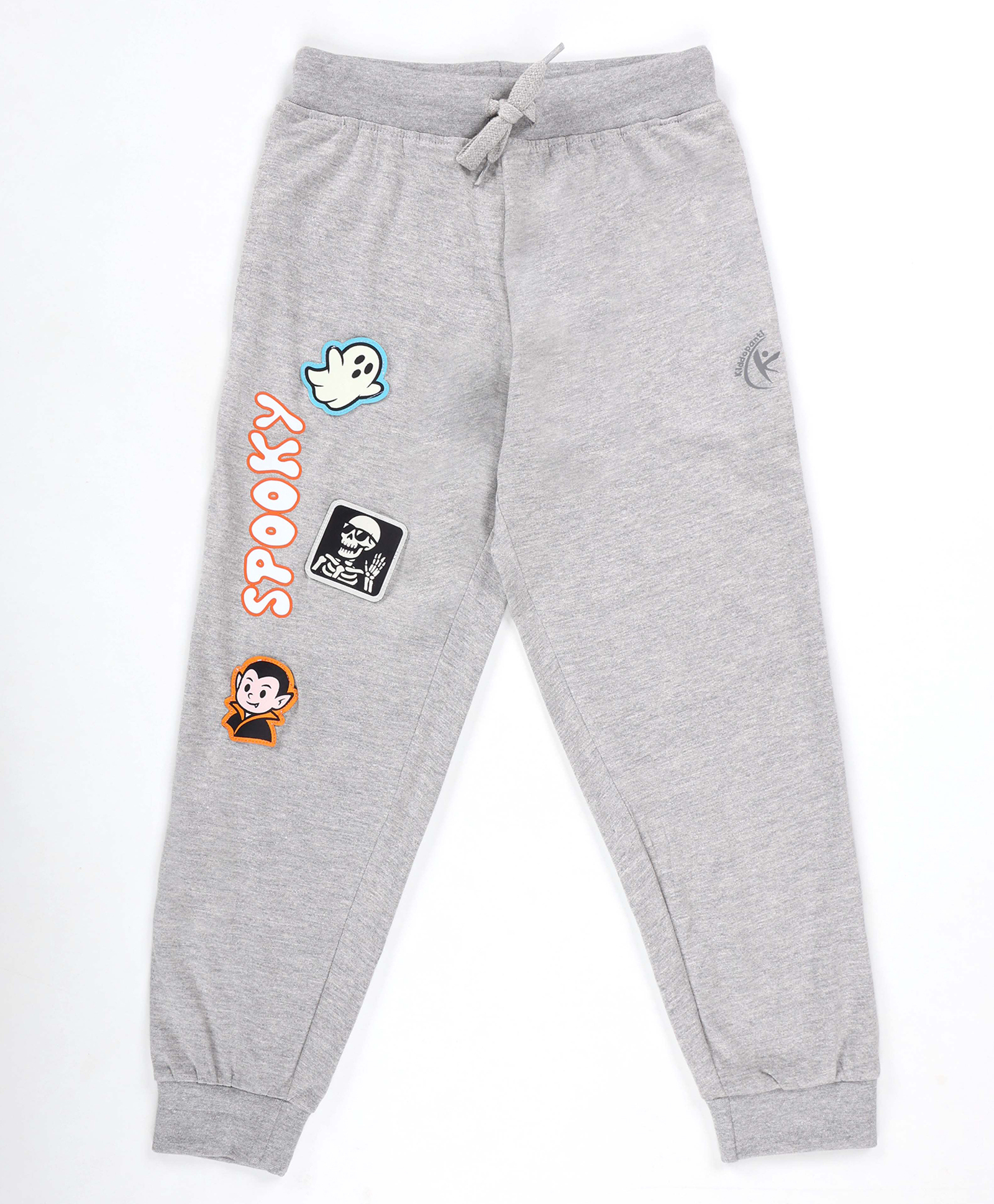 Kiddopanti Cotton Knit Spooky Text & Halloween Theme Printed Track Pants - Grey Melange-image-48