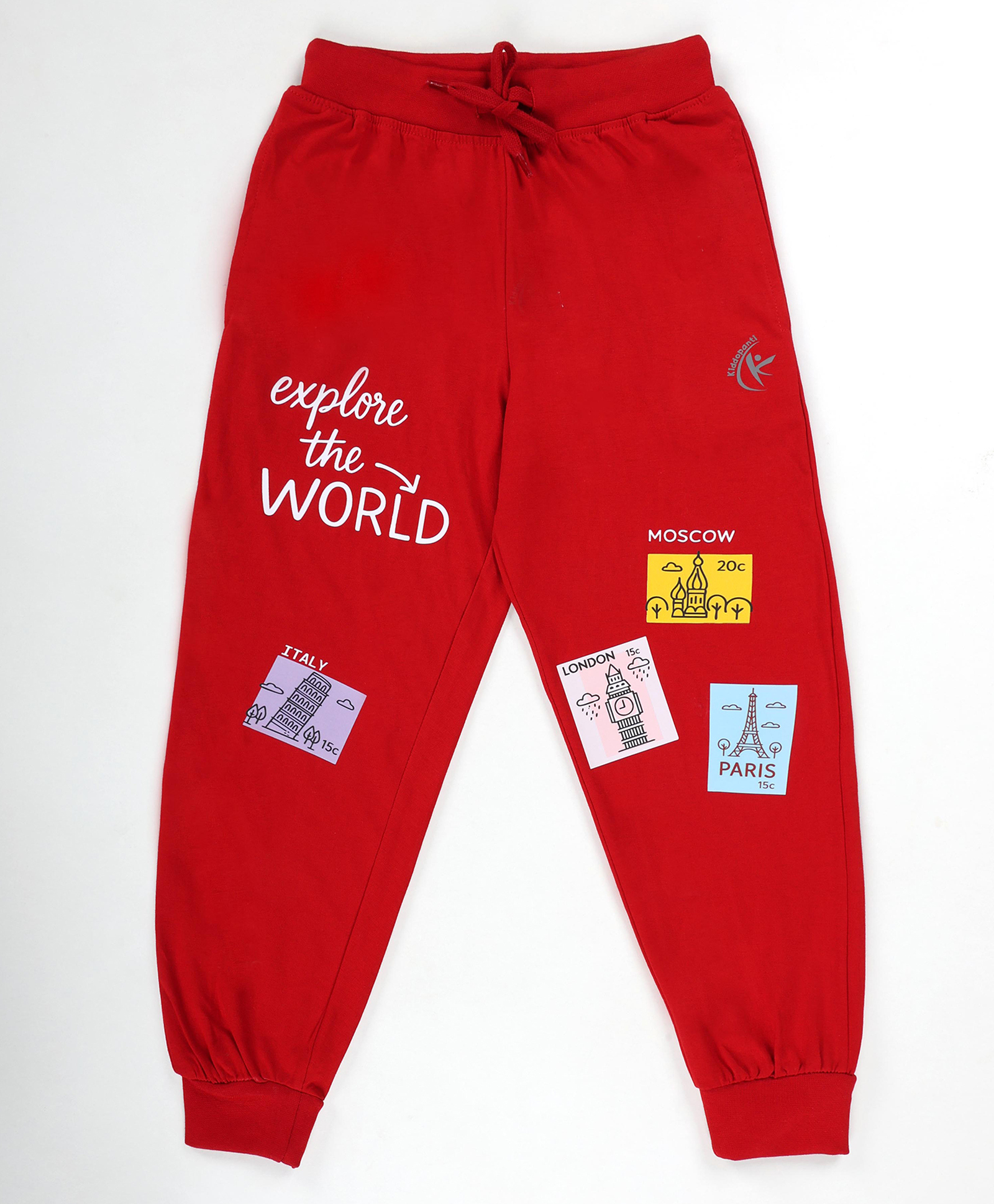 Kiddopanti Cotton Knit Explore The World Text Printed Track Pants - Red-picture-16