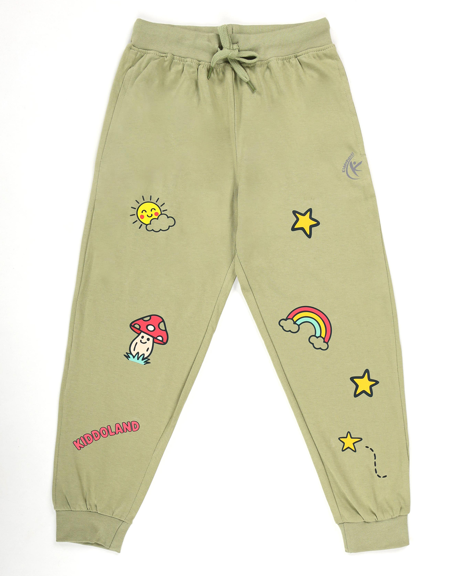 Kiddopanti Cotton Knit Rainbow & Stars Printed Track Pants - Light Green-image-34
