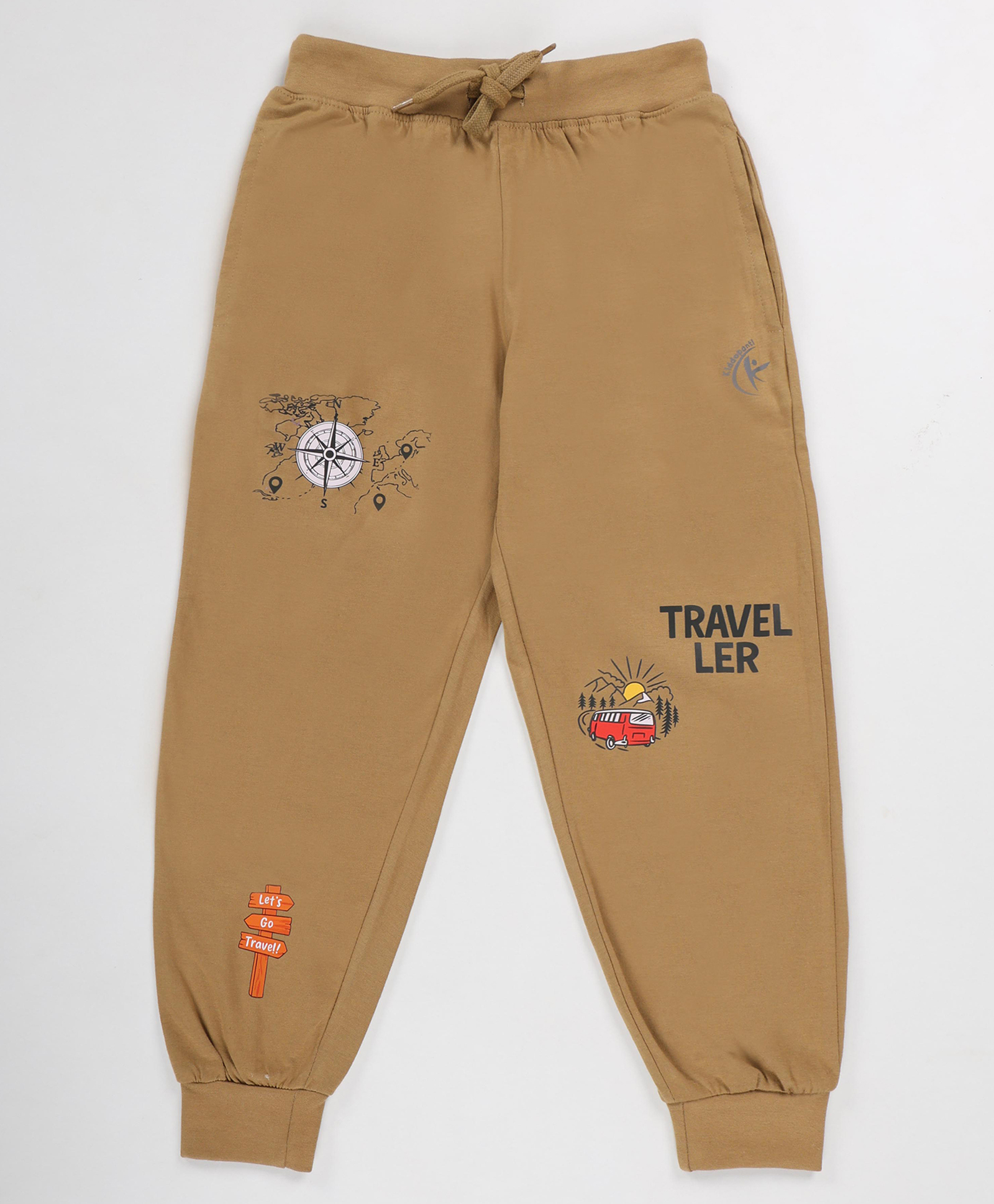 Kiddopanti Cotton Knit Traveller Text Printed Track Pants - Khaki-picture-12