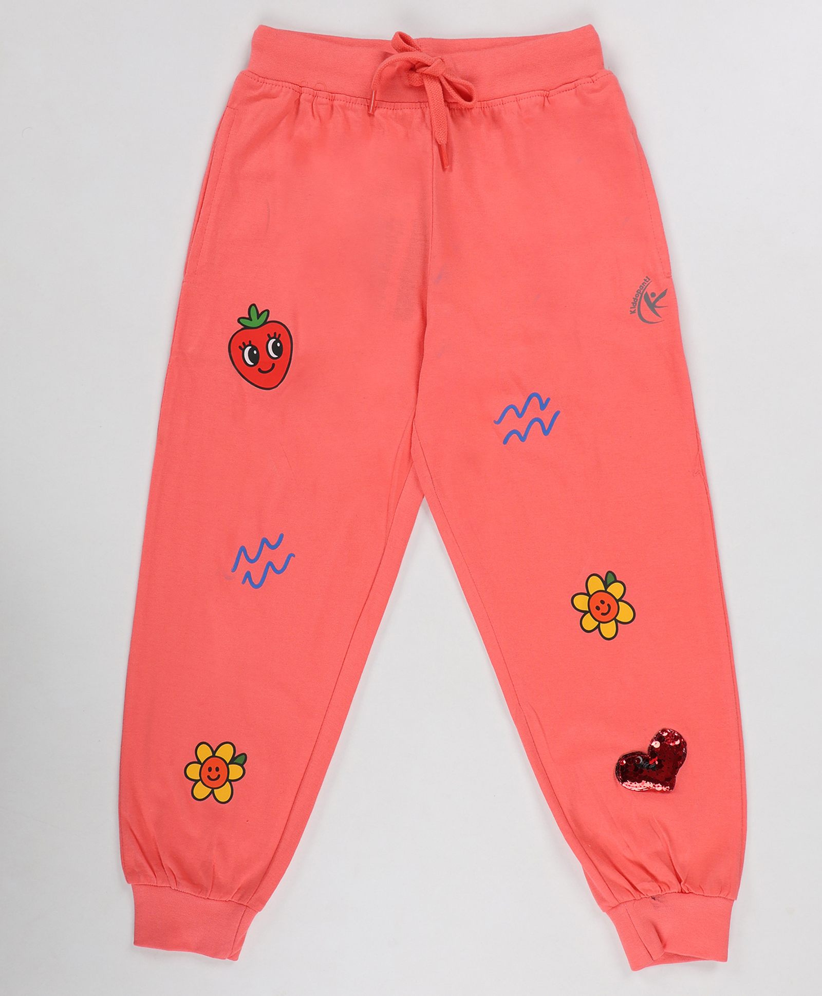 Kiddopanti Cotton Knit Floral Printed & Heart Sequins Embellished Track Pants - Coral-picture-19