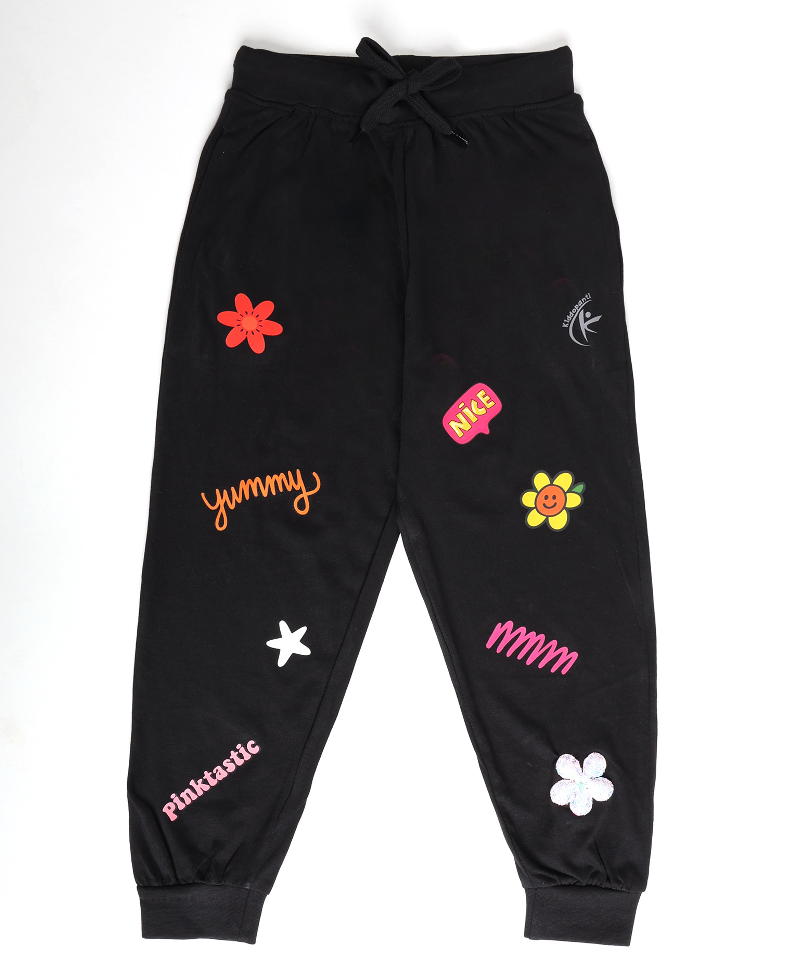 Kiddopanti Cotton Knit Floral & Typography Printed Track Pants - Jet Black-image-30