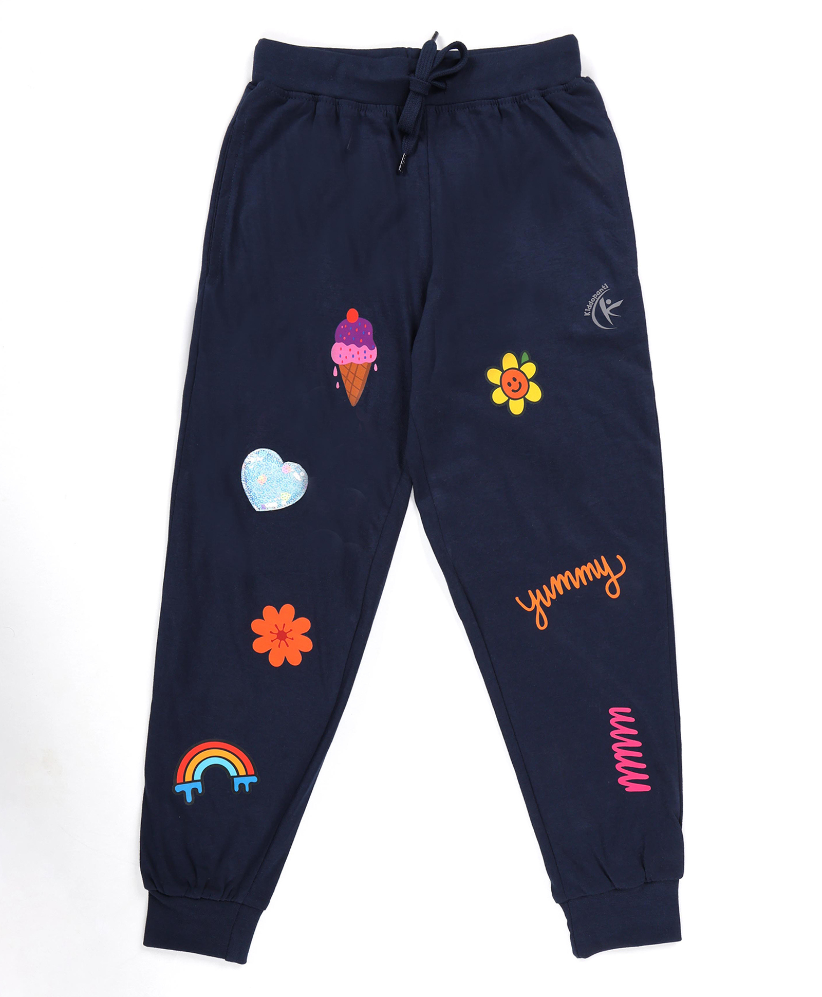 Kiddopanti Cotton Knit Yummy Text & Floral Printed Track Pants - Navy Blue-picture-20