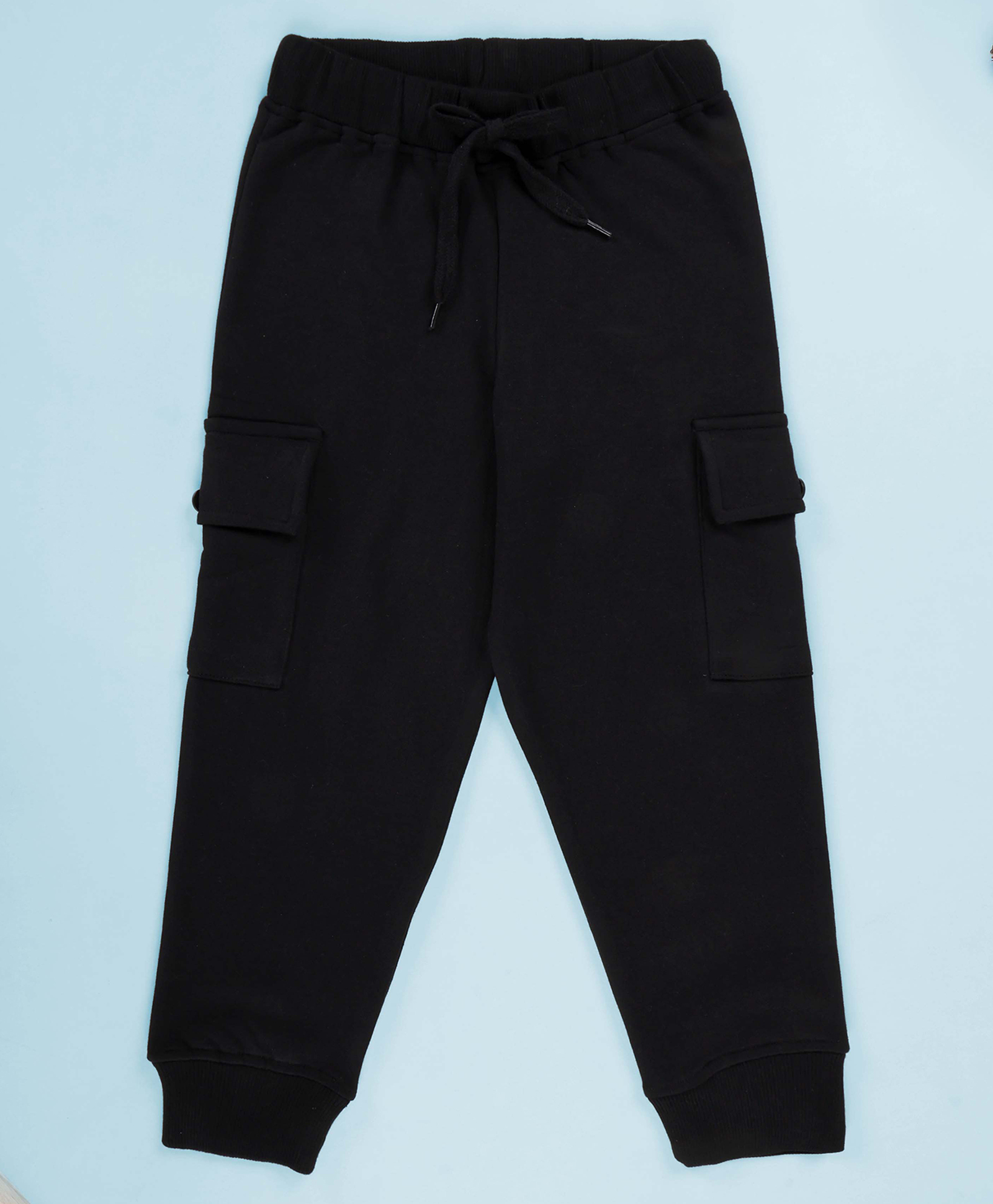 Kiddopanti Fleece Knit Solid Cargo Track Pants - Black