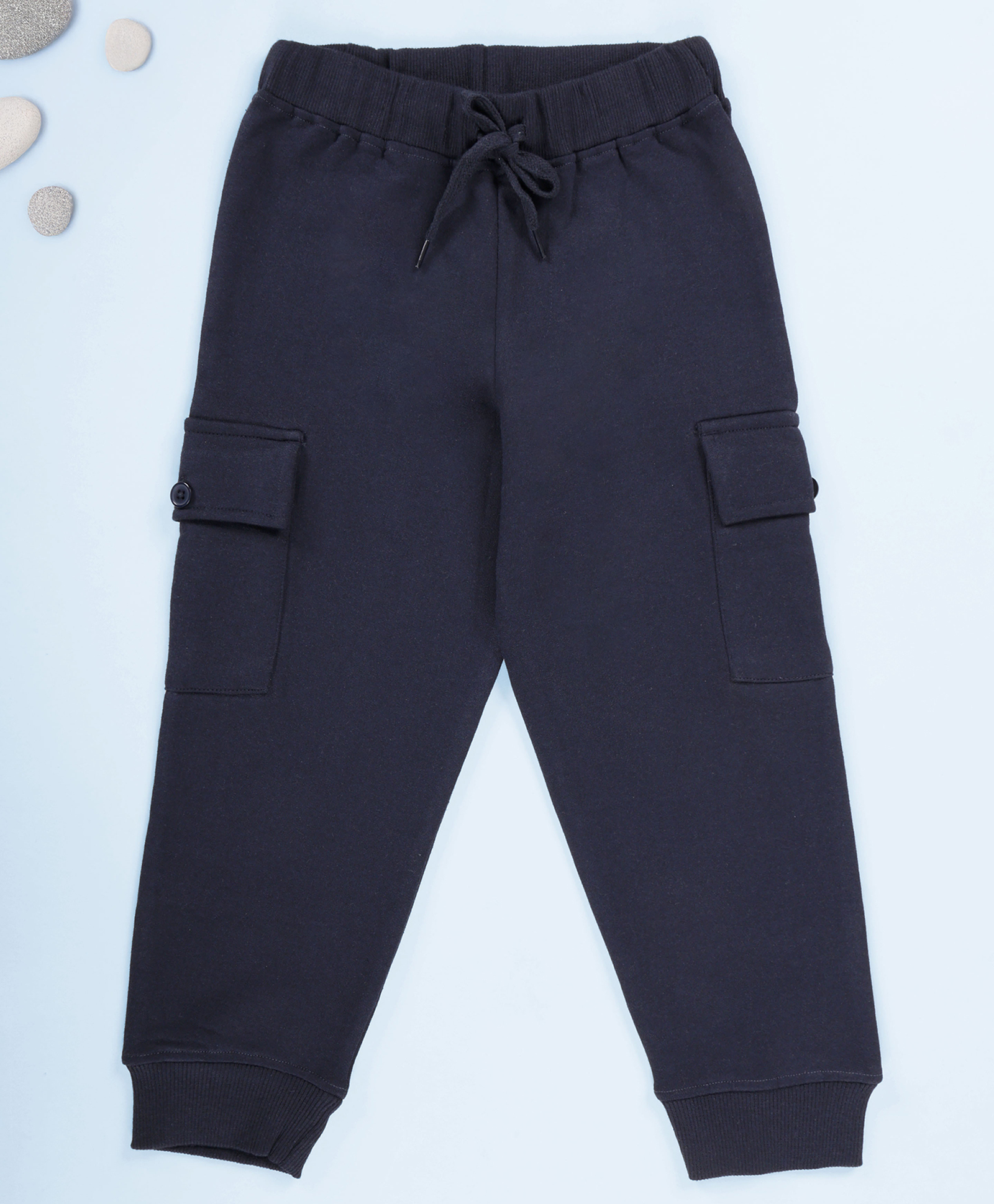 Kiddopanti Fleece Knit Solid Cargo Track Pants - Navy