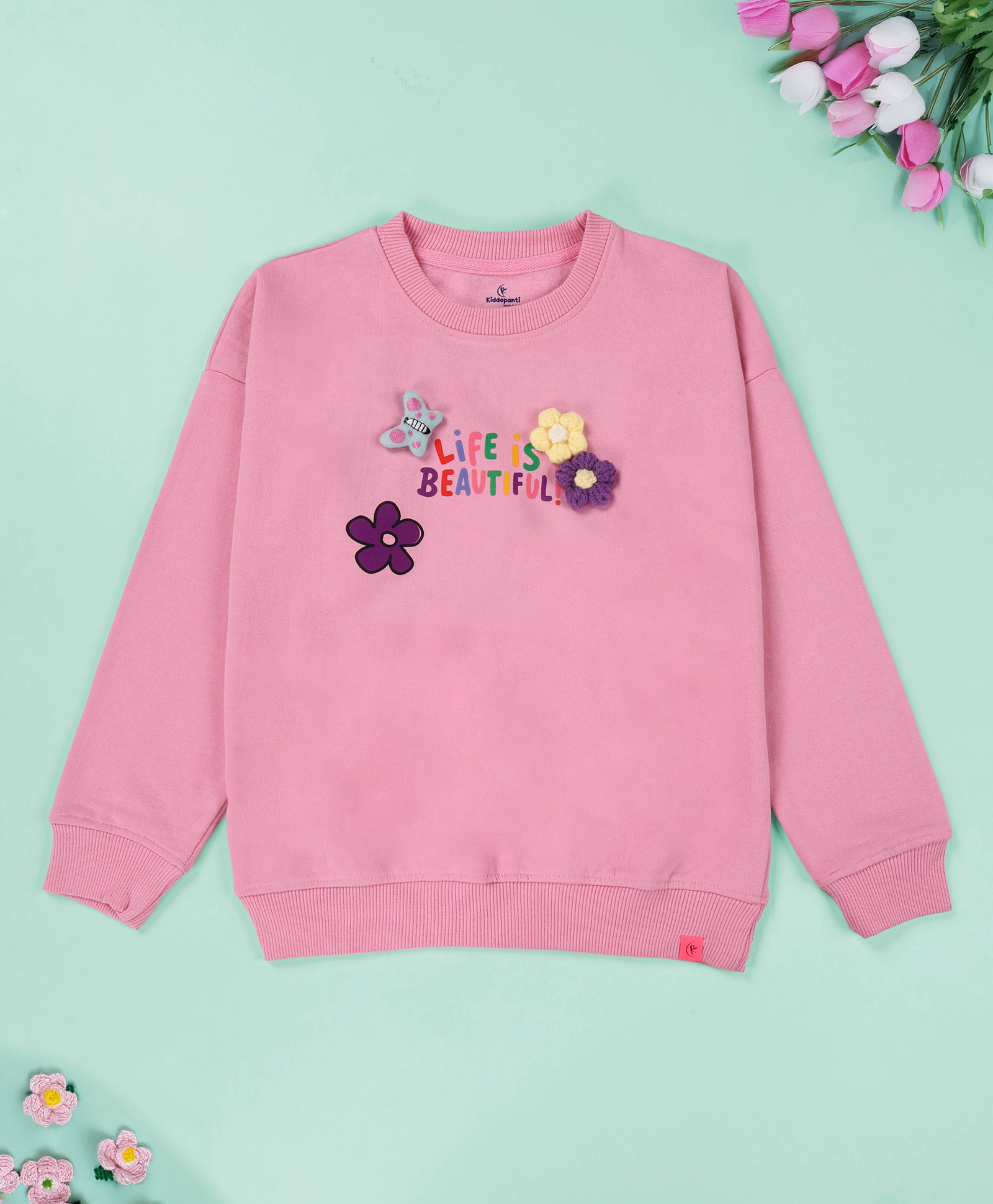 Kiddopanti Fleece Knit Full Sleeves Life Is Beautiful Text Printed Light Winter Sweatshirt - Baby Pink-image-11