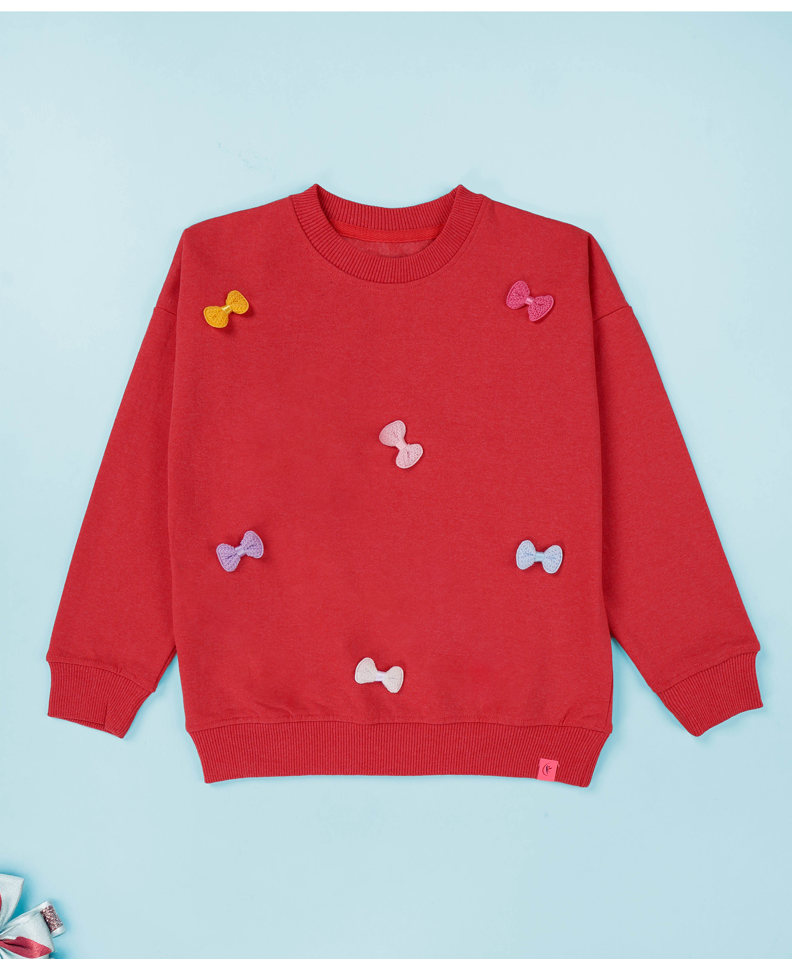 Kiddopanti Fleece Knit Full Sleeves Bow Appliques Detailed Light Winter Sweatshirt - Coral Pink-image-39