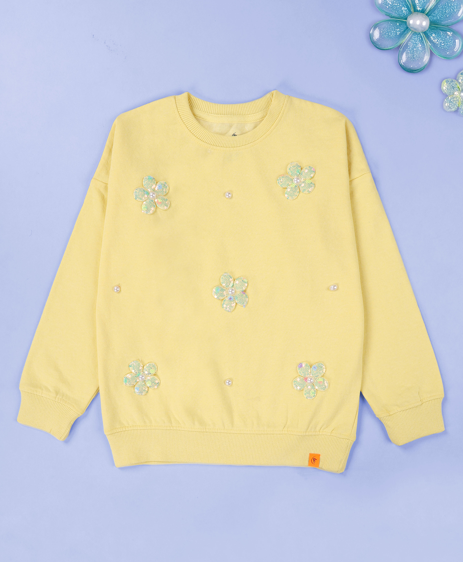 Kiddopanti Fleece Knit Full Sleeves Flower Appliques Detailed Light Winter Sweatshirt - Pop Yellow-image-15