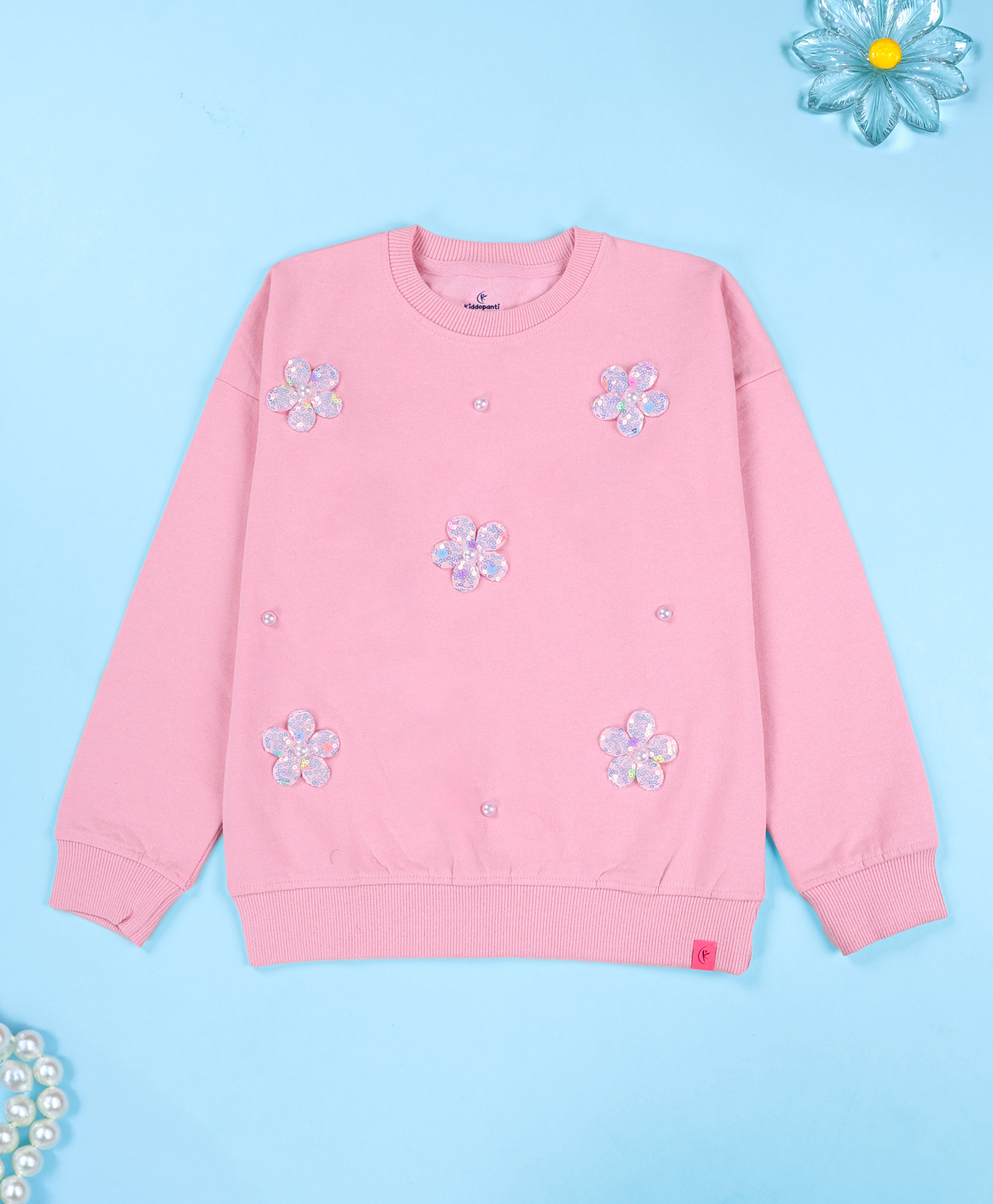 Kiddopanti Fleece Knit Full Sleeves Flower Appliques Detailed Light Winter Sweatshirt - Peach Pink-image-42