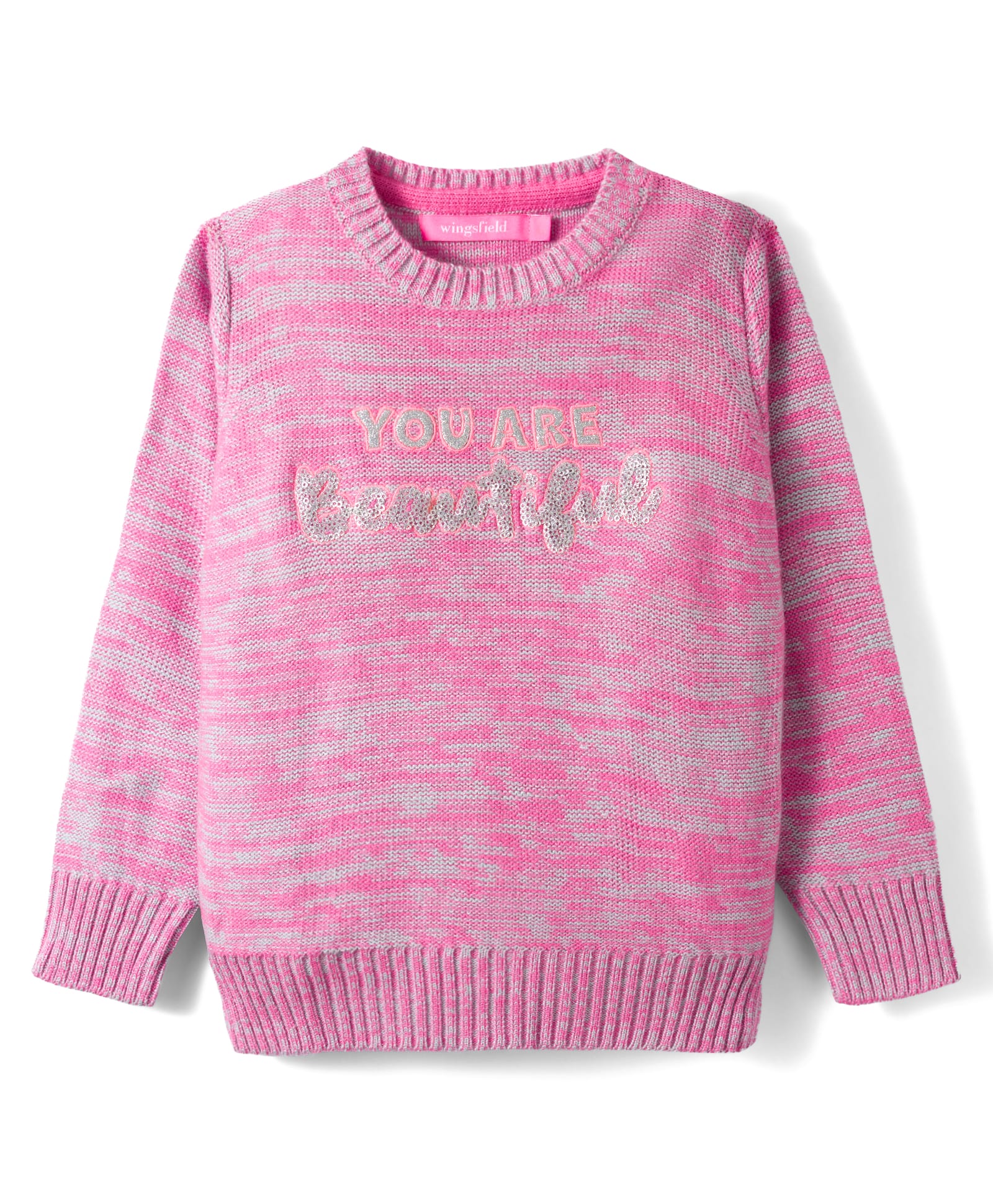 Wingsfield Full Sleeves You Are Beautiful Text Embroidered Sequins Embellished Sweater - Pink-image-26