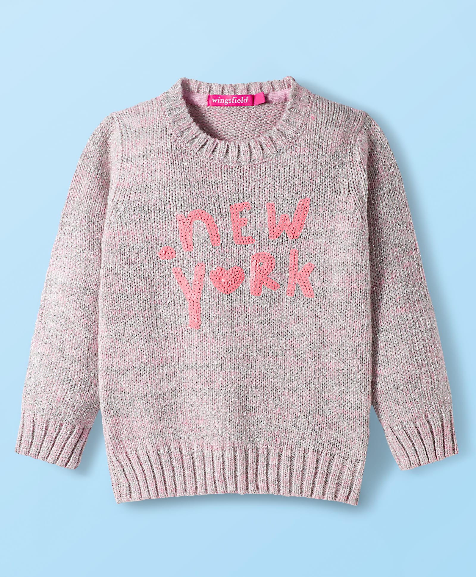 Wingsfield Full Sleeves New York Text Printed Sequins Embellished Sweater - Blue-image-1