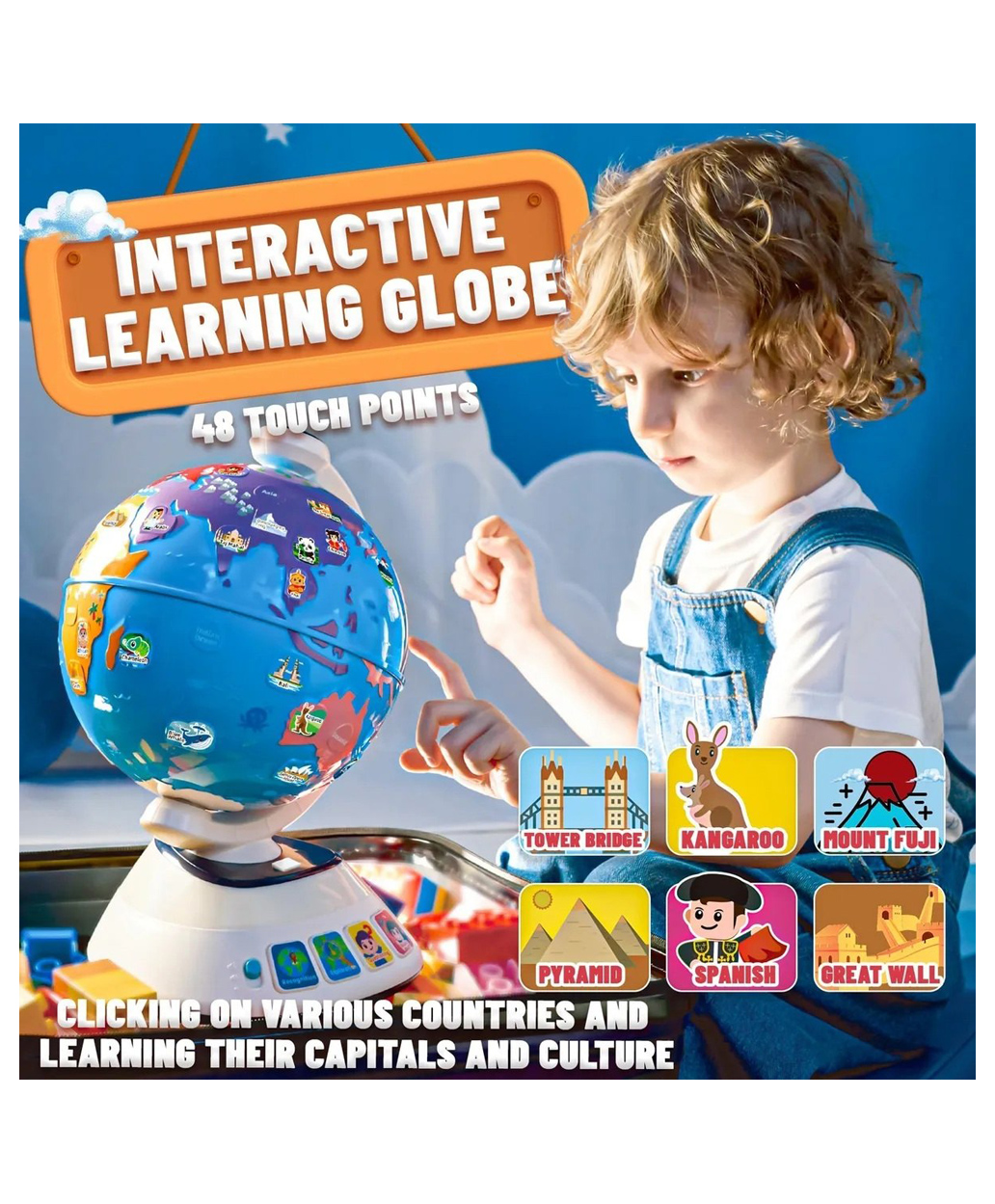 Sanjary Interactive World Globe 48 Touch Musical Earth for Kids' Learning Tool with sound Music Illuminated LED, Educational Toy, Ideal Gift for Boys & Girls color design may vary-image-28