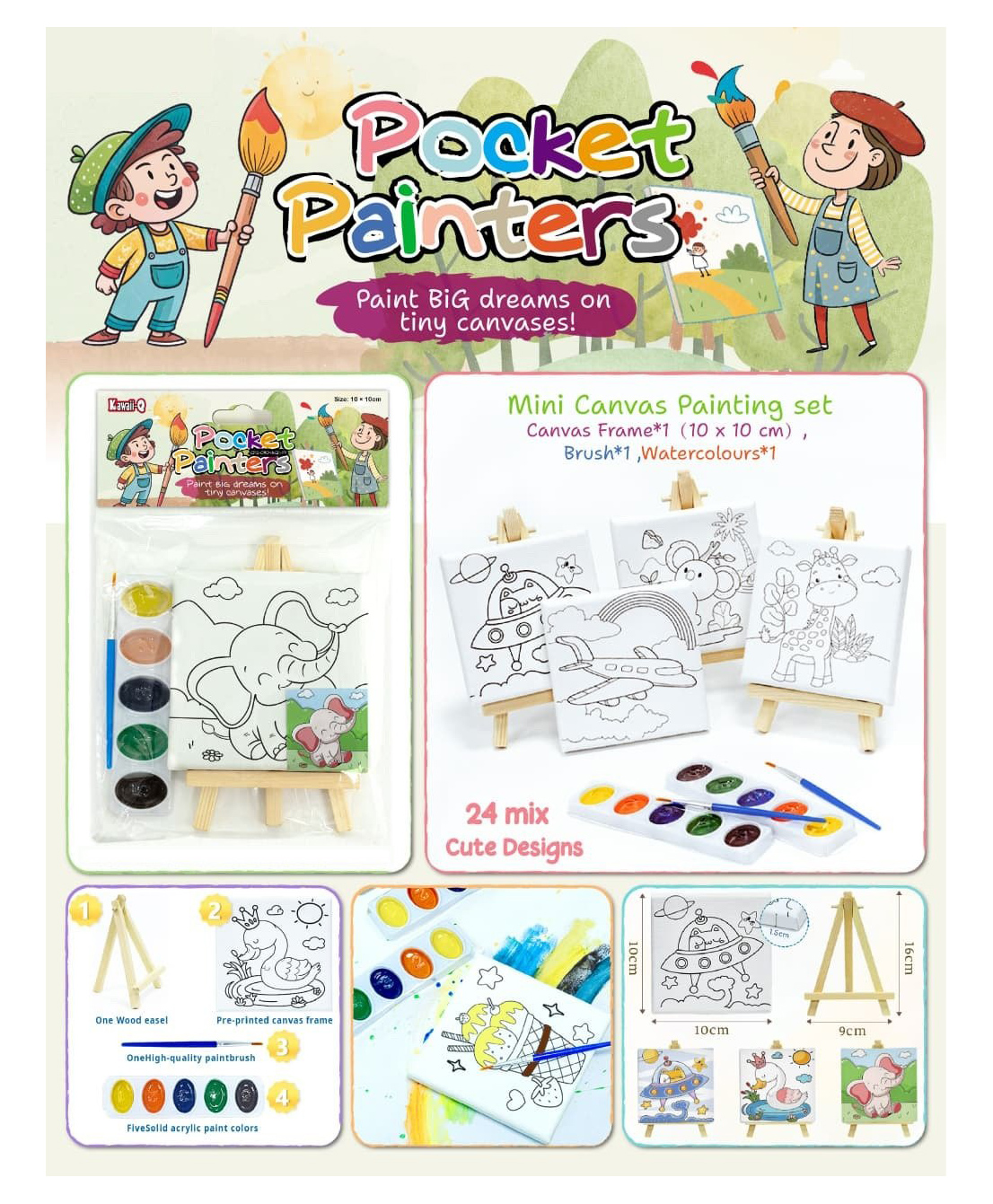 Sanjary Mini Canvas painting set Canvas Frame Pocket painter Coloring set for kids color design may vary-picture-23