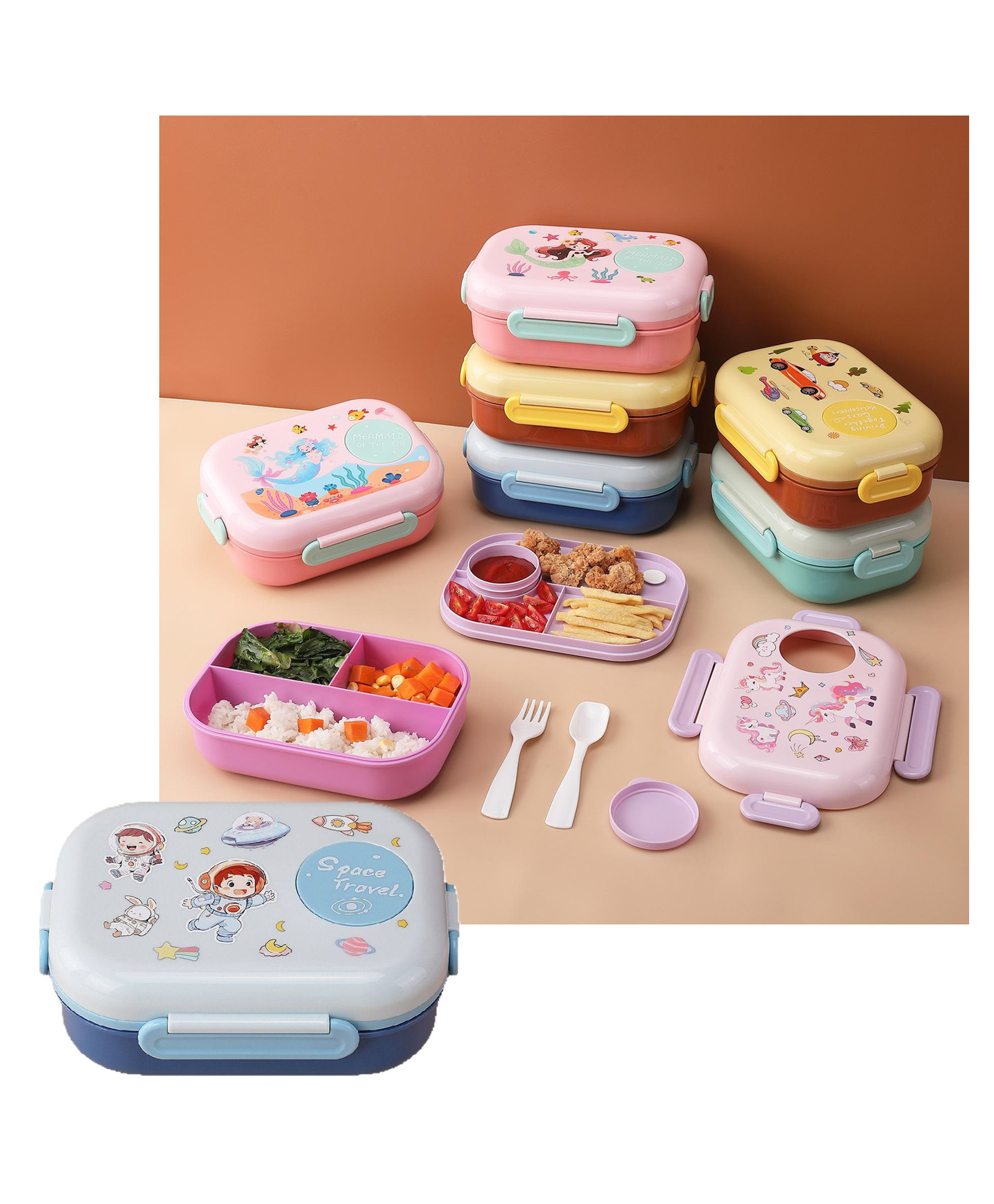 SANJARY BPA Free Plastic Cute Theme 3 Compartment Lunch box with spoon frock bowl for kids color design may vary-picture-26