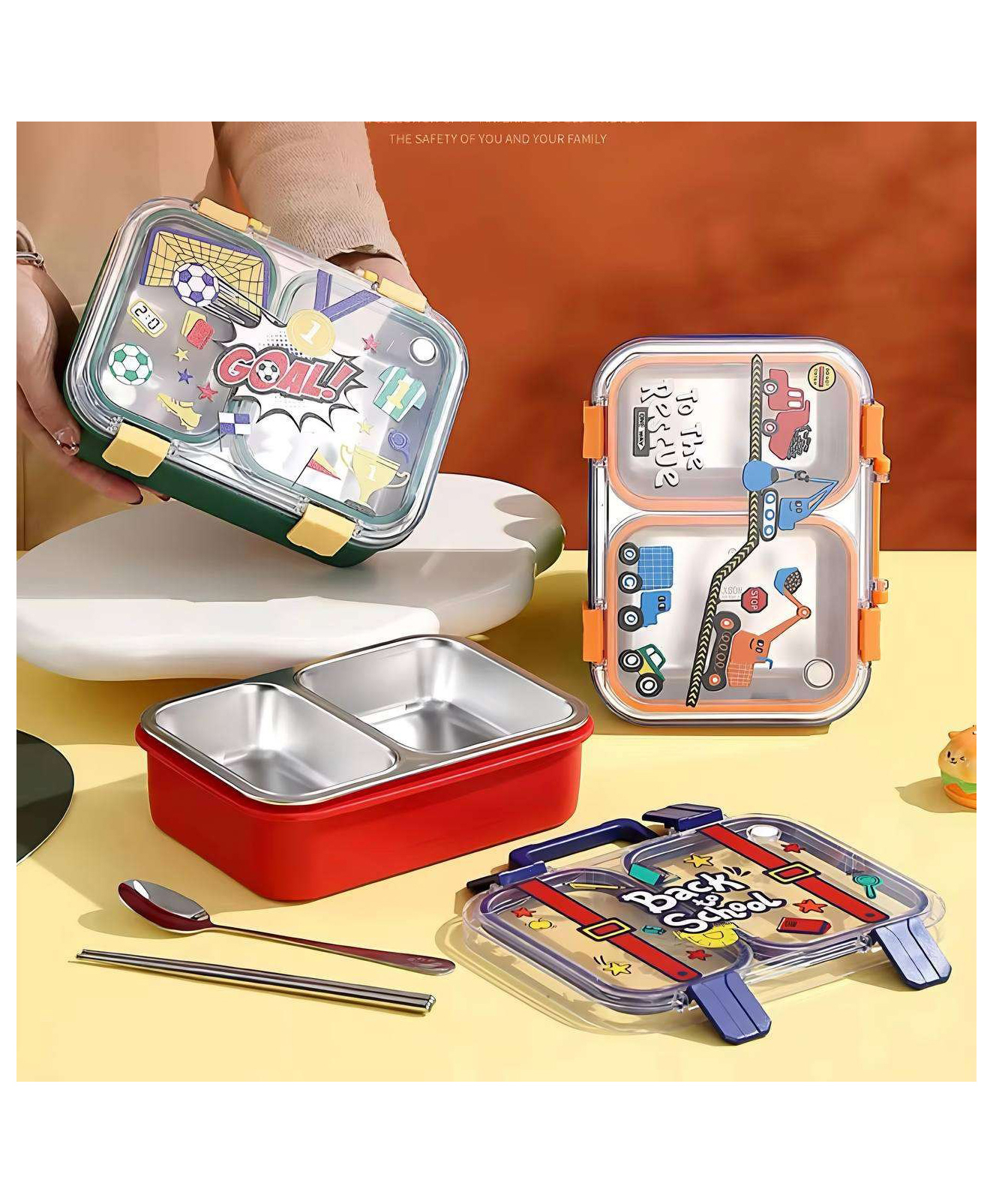 SANJARY 2 compartment back to school lunchbox with spoon chopstick for kids color design may vary-picture-27