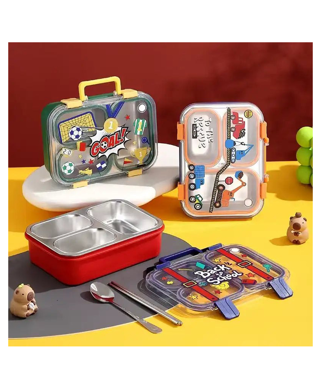 SANJARY 3compartment school lunchbox with spoon chopstick for kids color design may vary-picture-21
