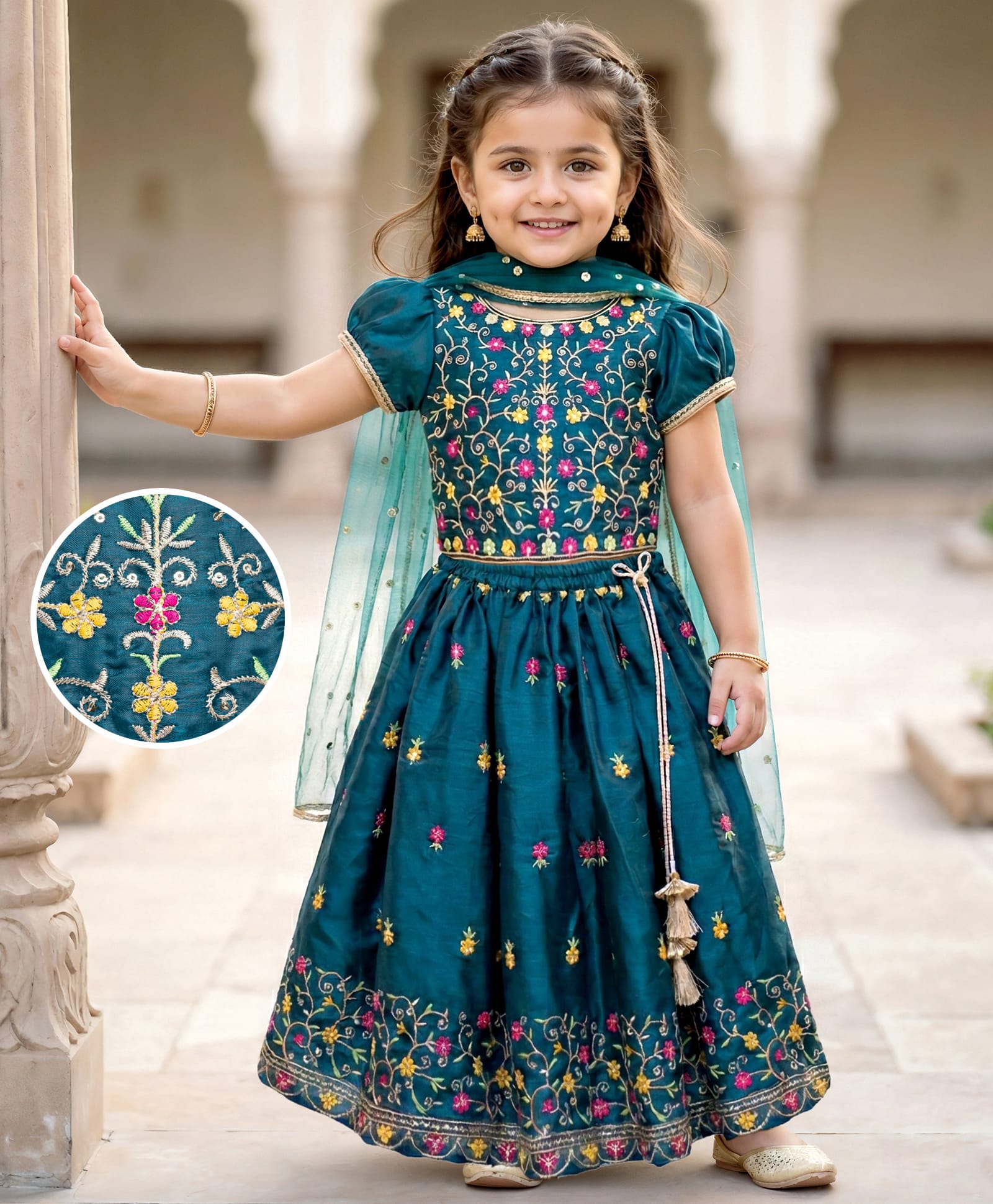 Babyhug Half Sleeves Floral Embroidered Choli Lehenga & Dupatta Set - Teal-image-8