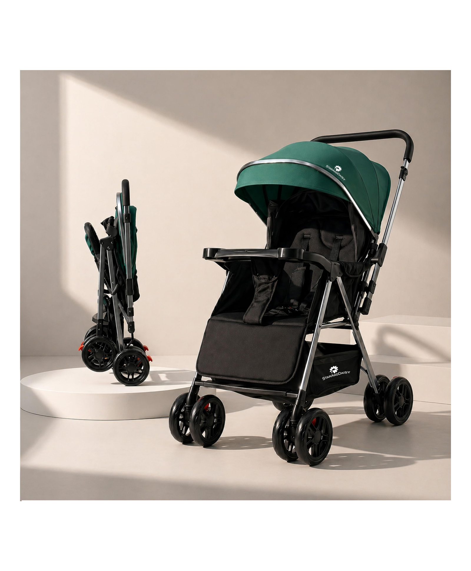 StarAndDaisy Foldable Baby Pram for 0-3 years Travel Baby Stroller for Newborn to Toddler 360° Swivel Lockable Front Wheels Adjustable Canopy 5 Point Harness - Blue-picture-21