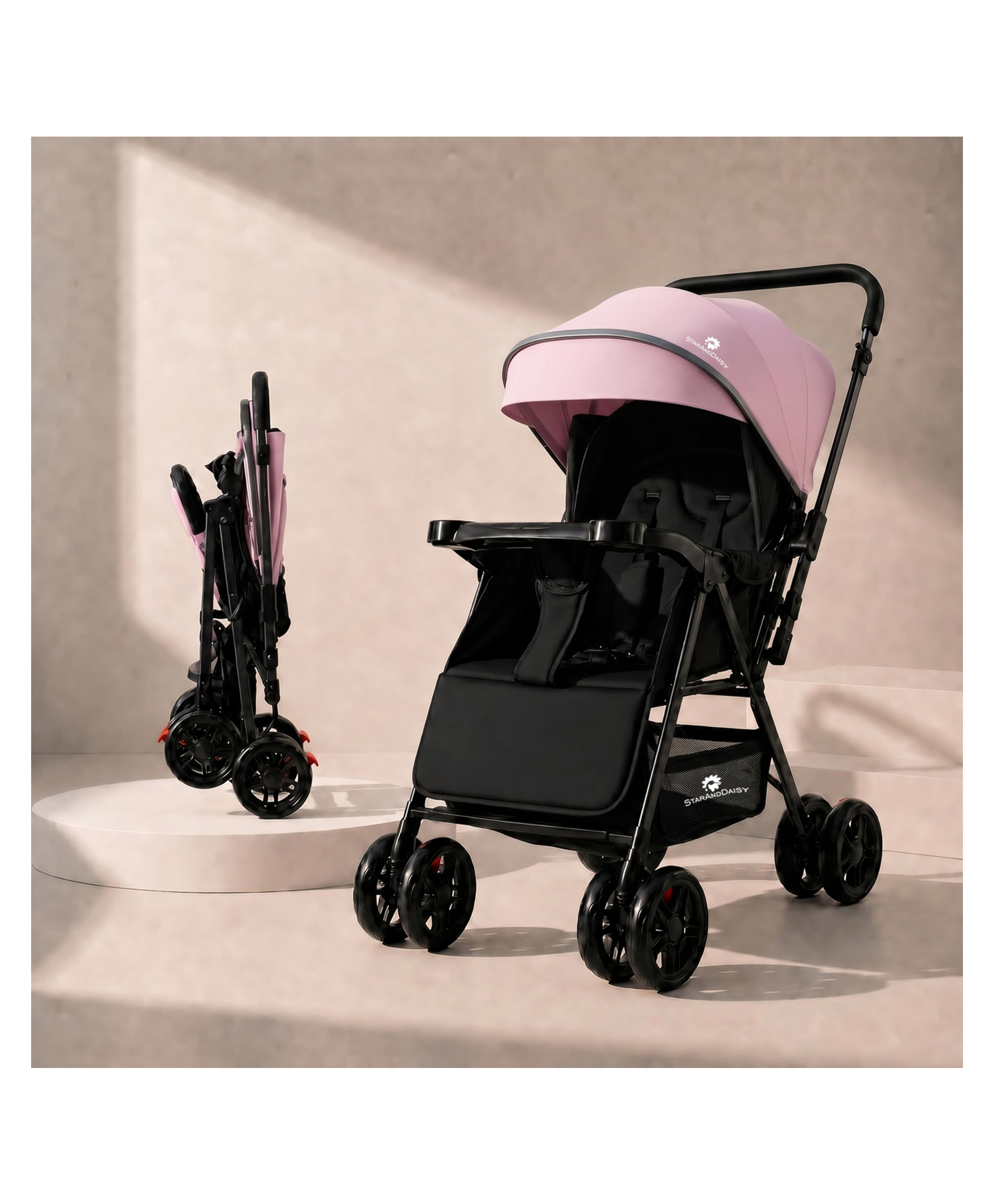 StarAndDaisy Foldable Baby Pram for 0-3 years Travel Baby Stroller for Newborn to Toddler 360° Swivel Lockable Front Wheels Adjustable Canopy 5 Point Harness - Green-picture-15